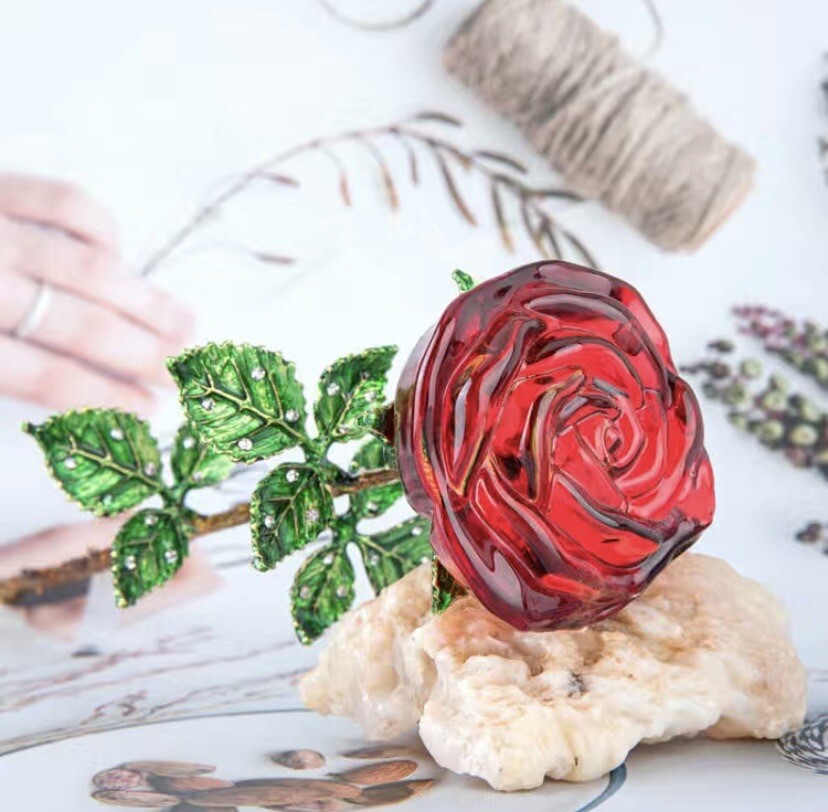 Crystal Glass Red❤️Rose Flower Gold Plated Long Stem Love Valentine’s Day Gift🌹