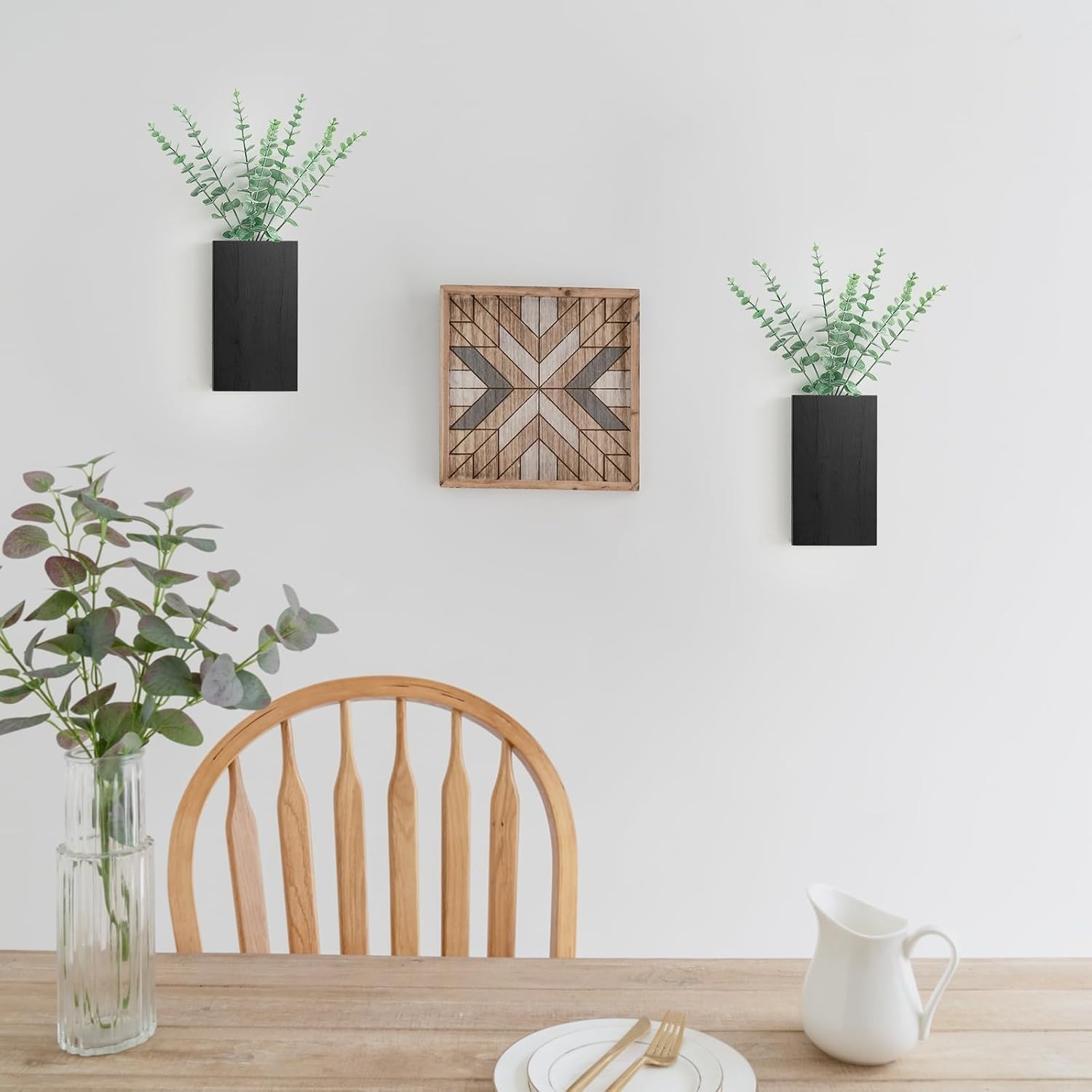 Paquete de 2 macetas de pared de madera con eucalipto artificial, decoración
