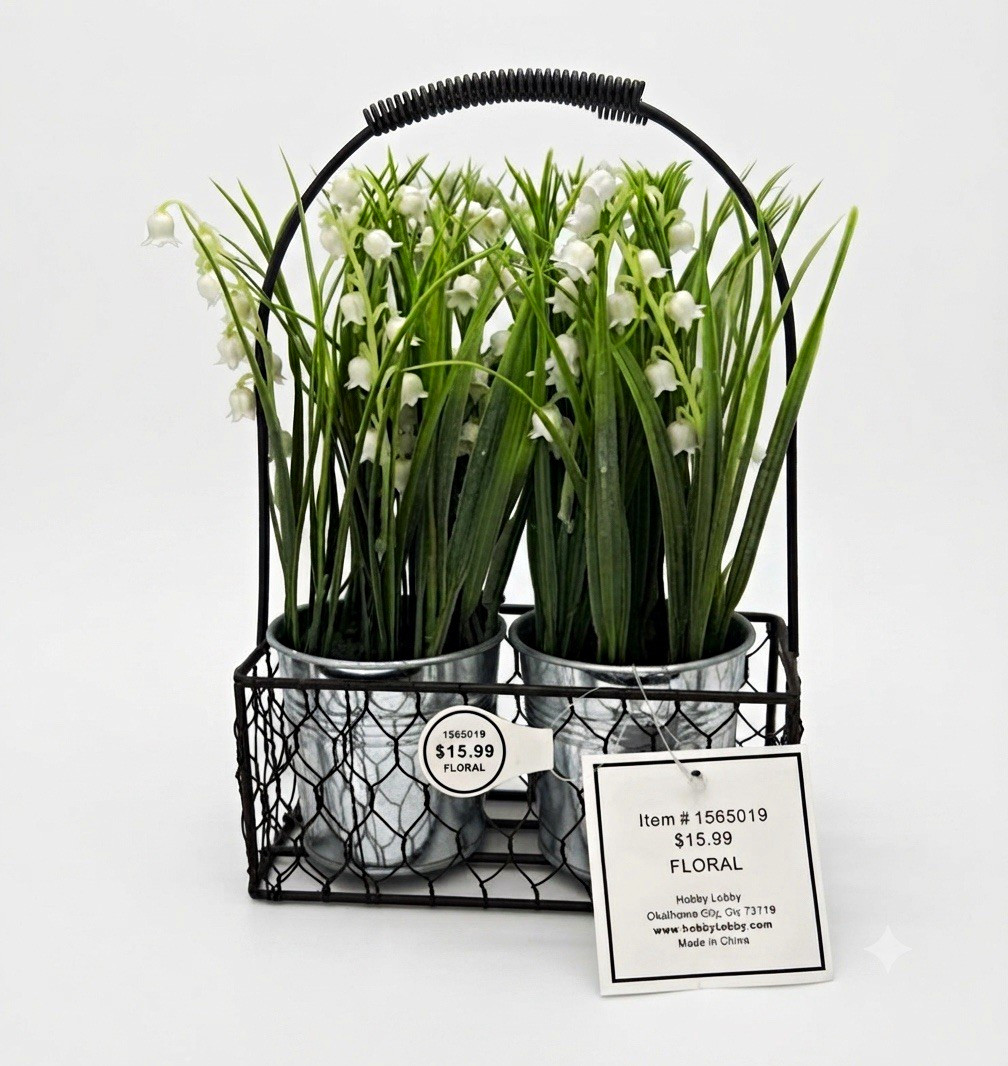 Hobby Lobby Artificial Lily of the Valley Arrangement Metal Pots Basket 1565019
