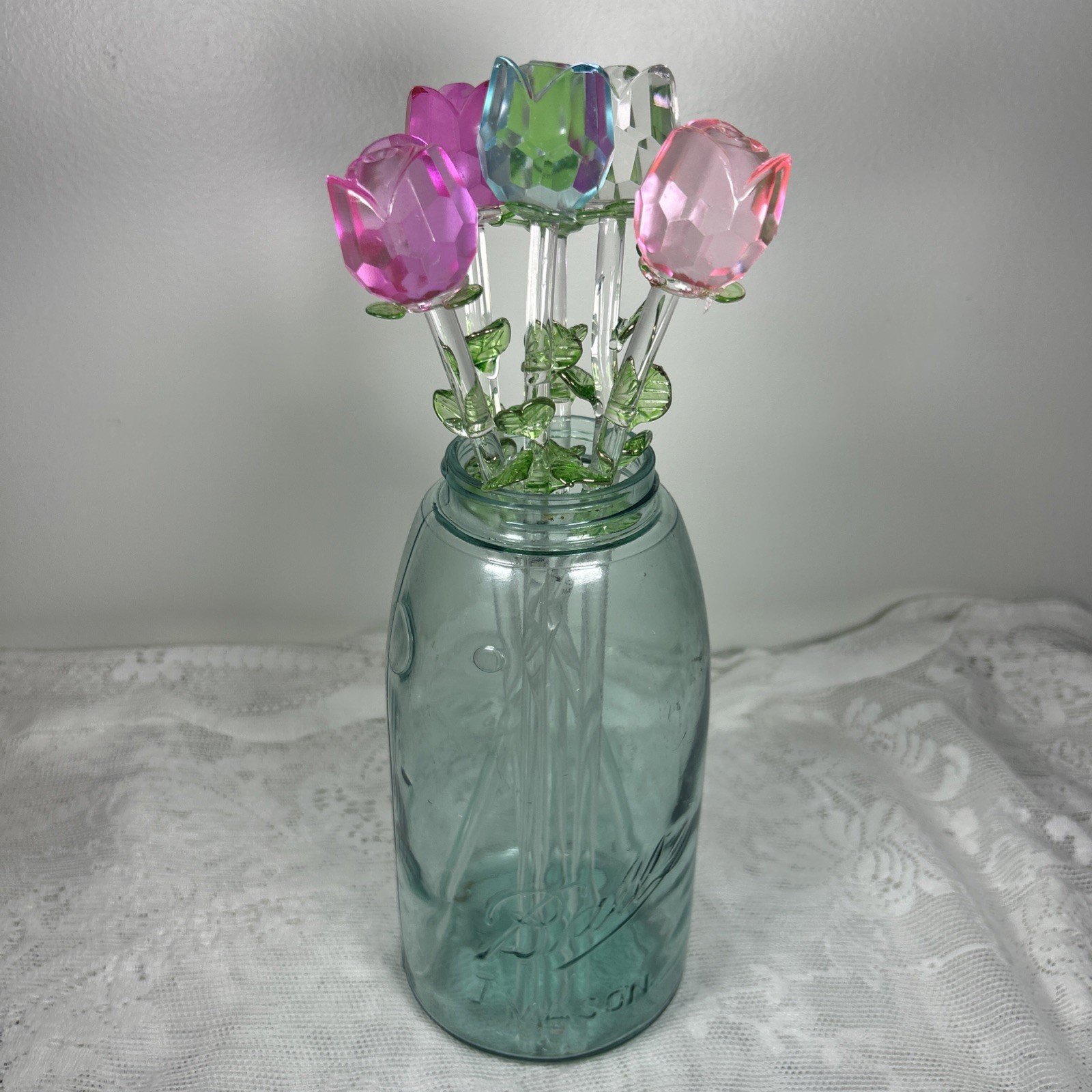 Lot 6 Crystal Glass Red Rose Clear Green Stem 13”(Mason Jar Not Included)