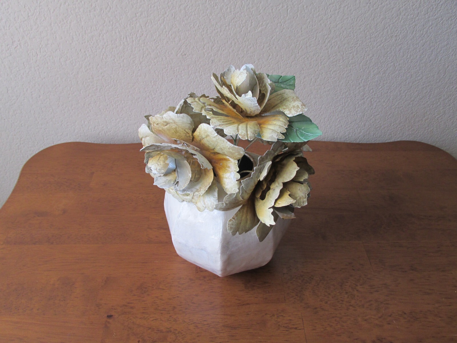 Metal Flower Arrangement 11” Tall Off white, Yellow, green with a meta Vase