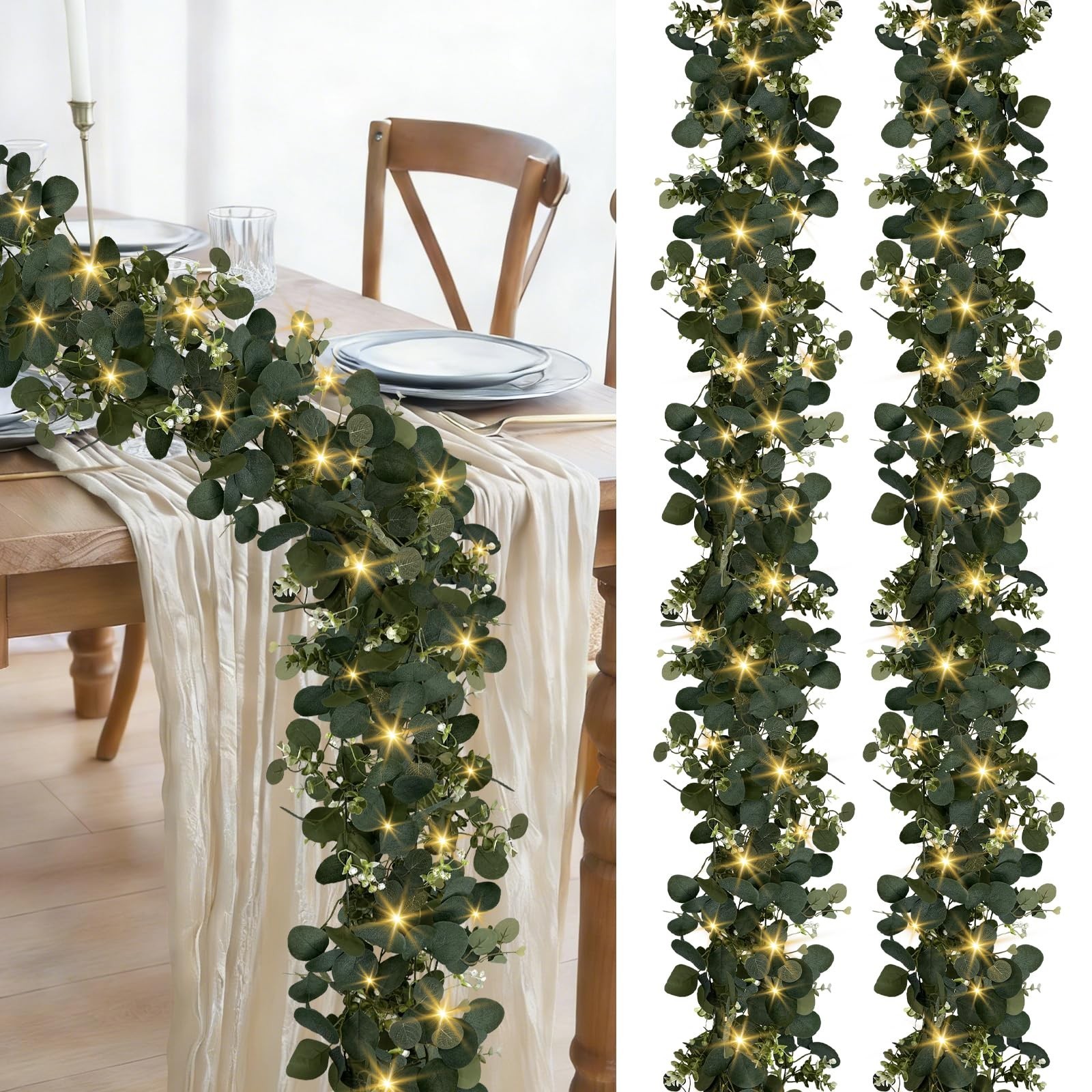 Lighted Eucalyptus Garland 6FT – 2 Pack Faux Greenery for Home Decor, Weddings,