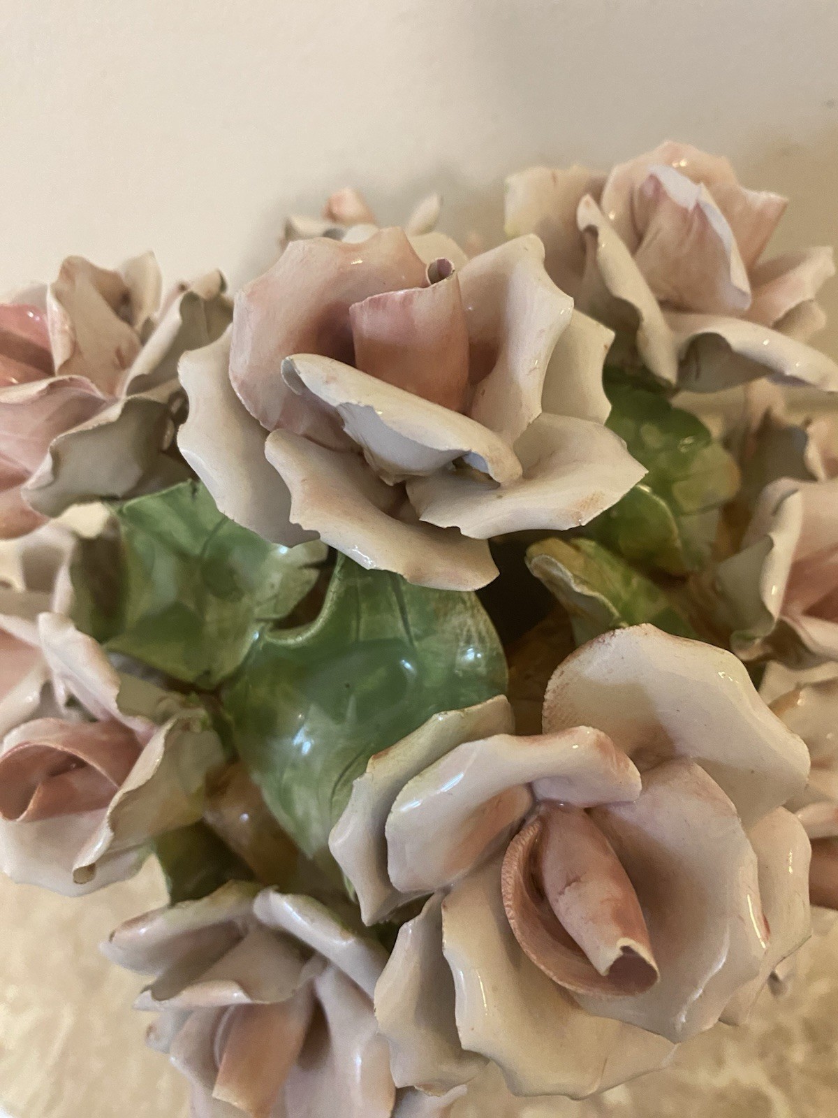 Porcelain Flower Centerpiece Capodimonte Style Italy Pink Roses 6” Tall