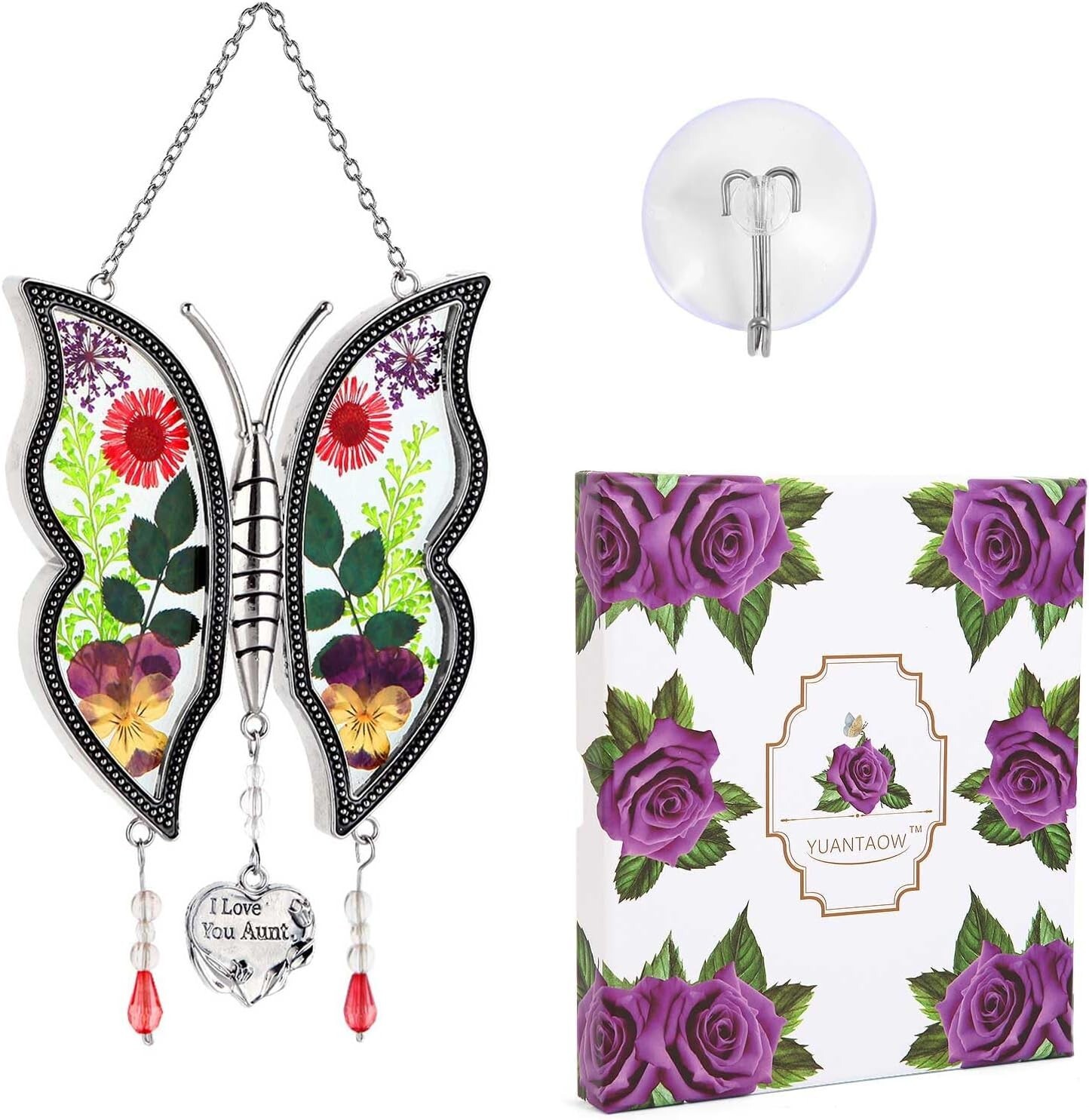 Aunt’s Gift, Butterfly Sun Catch Carefully Designed with Real Flower Glass Metal