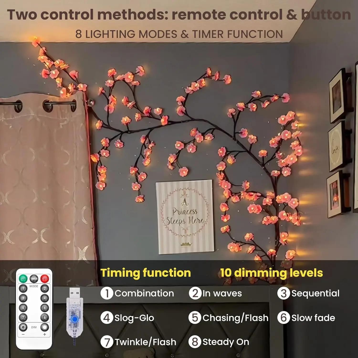 Cherry Blossom Vine LED String Lights Twig Garland Wall Door Home Christmas Deco