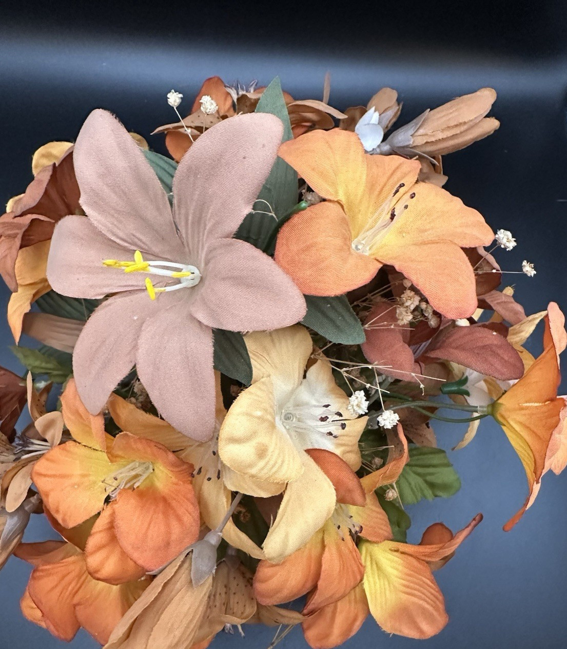 Small Vintage Silk Flower Arrangement Fall Colors Orange Lilies White Ceramic