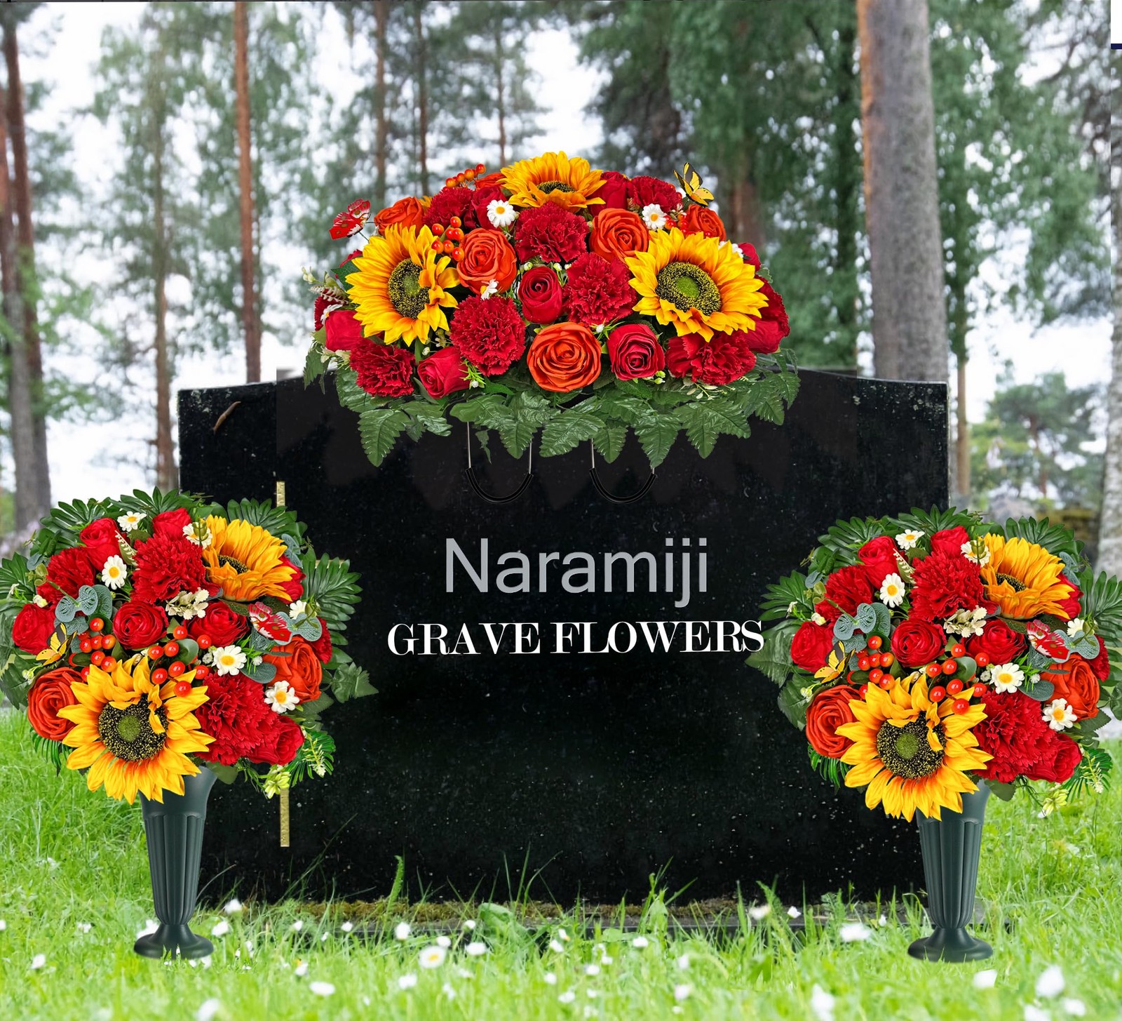 Cemetery Flowers with Grave Vase and Headstone Flower Saddle of Red Sunflower…