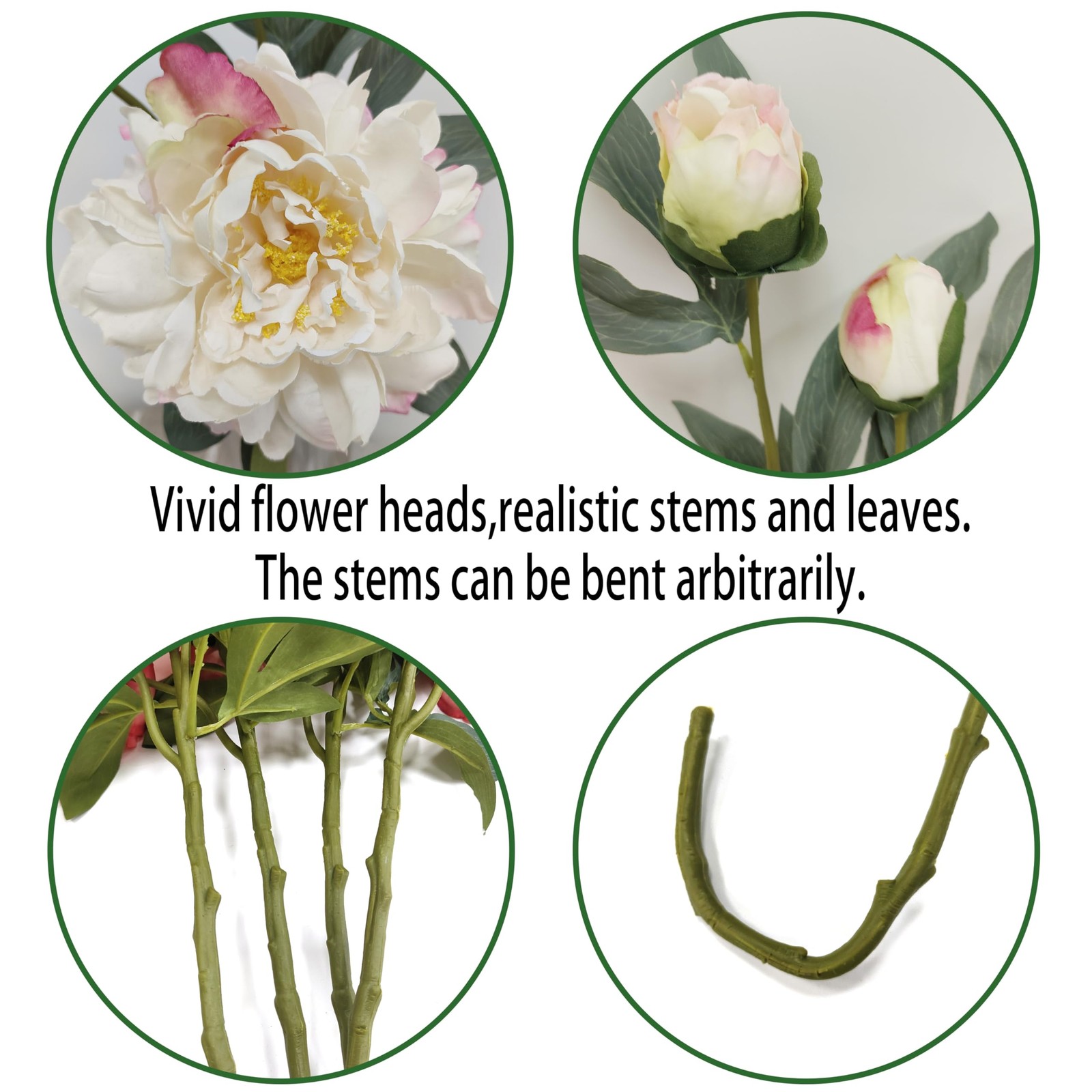 Ivory White Peonies Artificial Flowers,4 Pcs Fake Silk Peonies with Stems Rea…