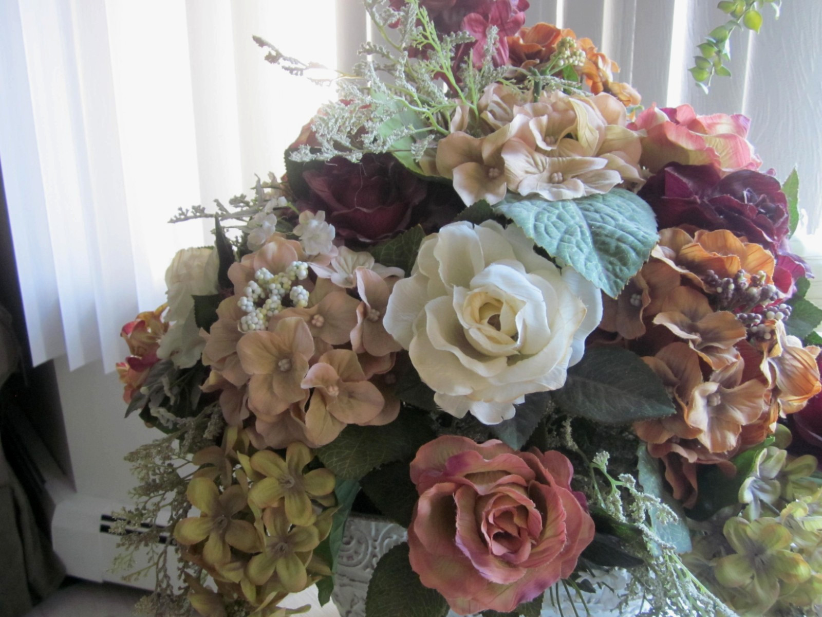 beautiful handmade mauve burgundy roses earth tone floral centerpiece accent