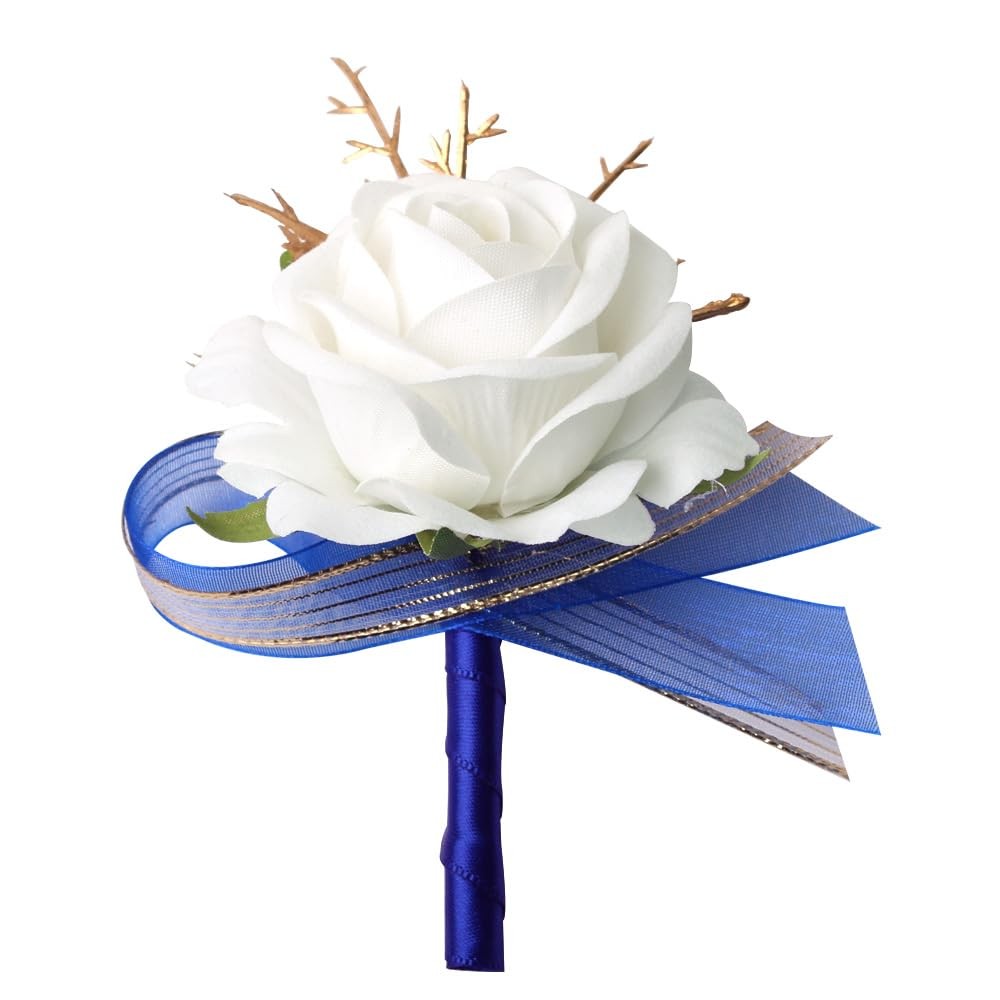 Ivory And Blue Rose Boutonniere For Men Groom Groomsmen Wedding 1 PC