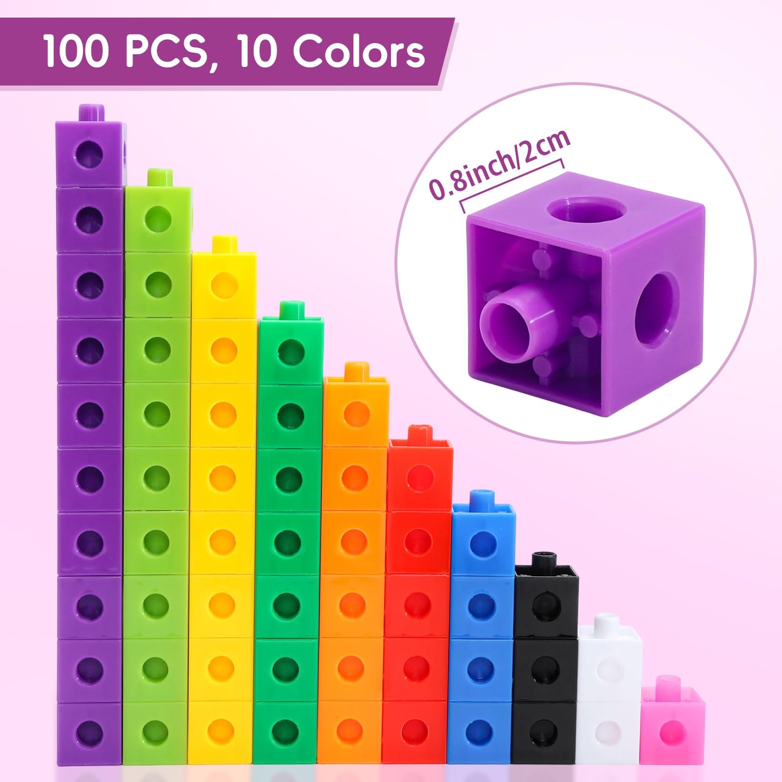 100 Pcs Math Linking Cubes – 10 Colors Connecting Counting Multicolor