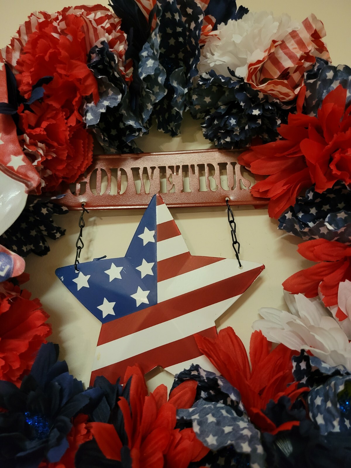 Welcome IN GOG WE TRUST red white blue burlap Door WREATH patriotic 4th of July