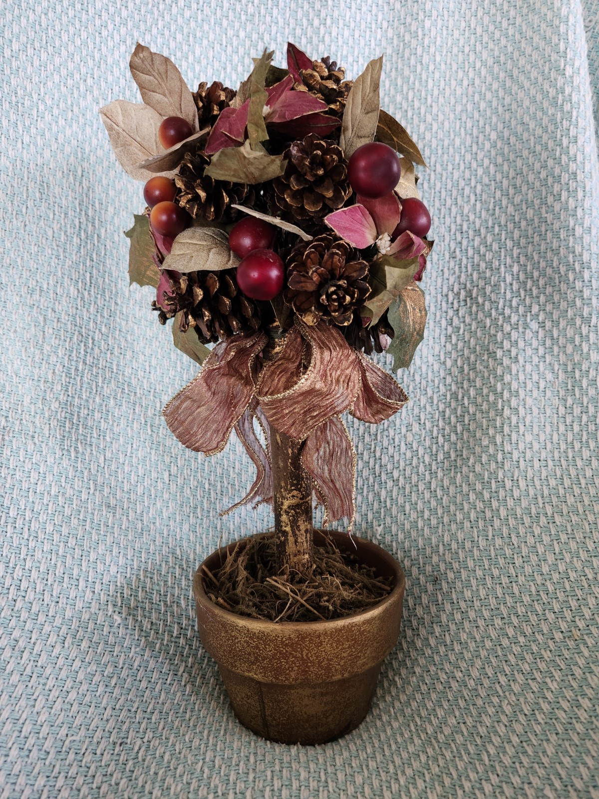 Artificial Topiary Tree Pinecones, Leaves, Berries, Mauve & Gold Color 15”