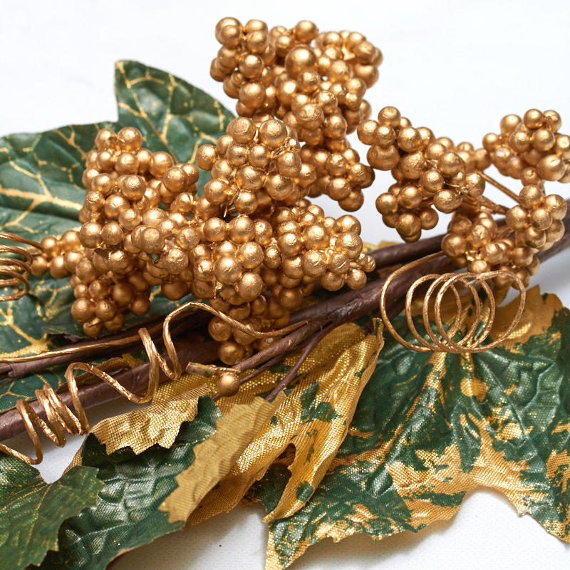 Set of 6 Factory Direct Craft Gold Berry Cluster and Leaf Stems