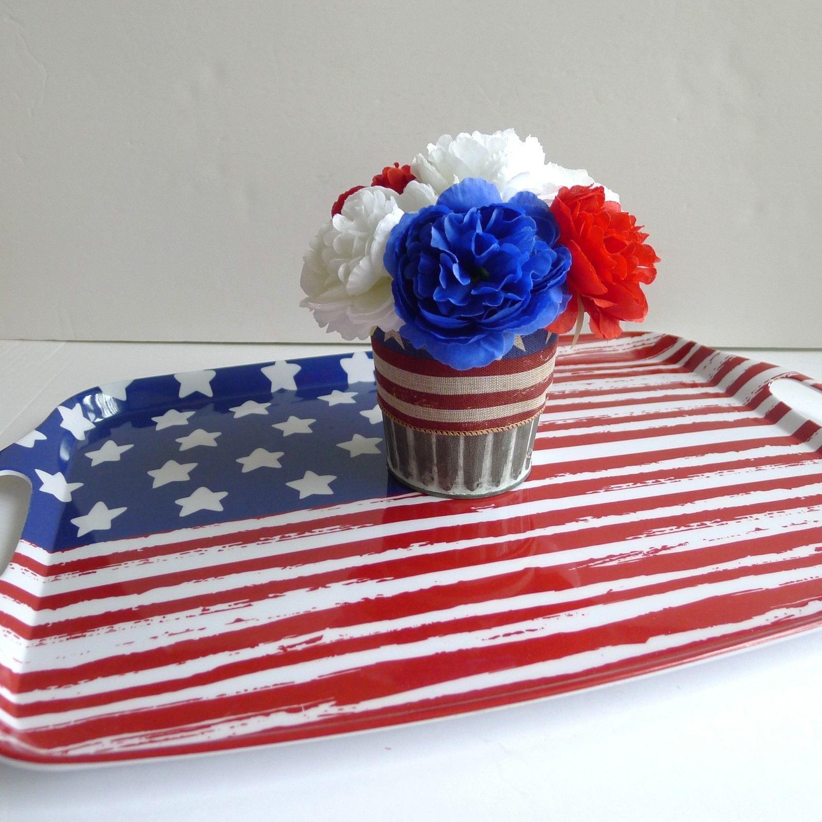 Patriotic USA Floral Arrangement, July 4th Holiday Decoration, Rustic Americana