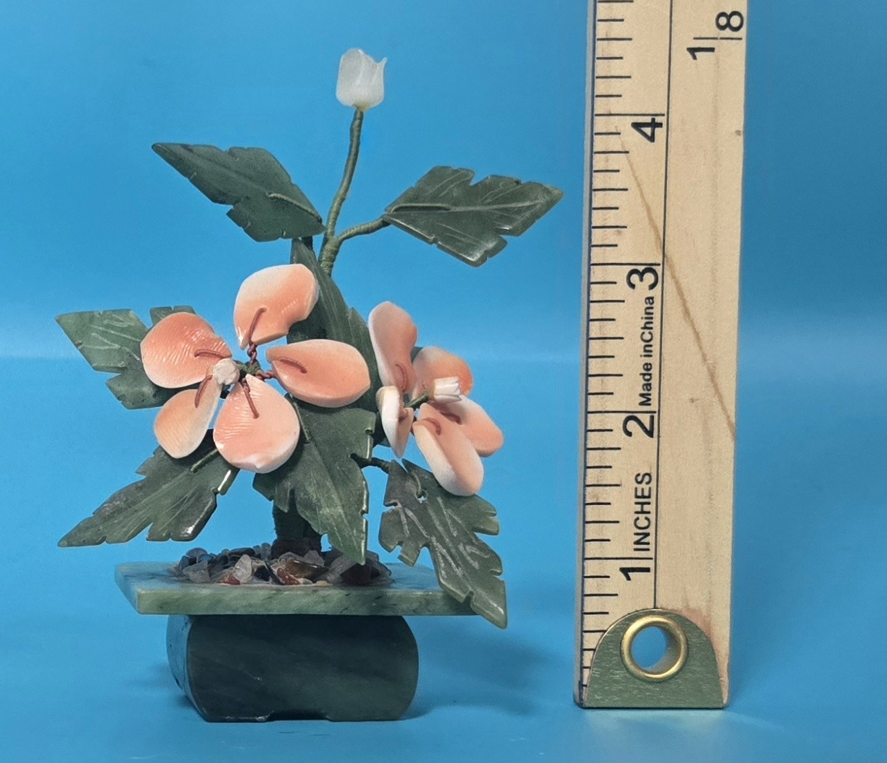 Vintage Jade & Shell Flower Arrangement – Handcrafted Bonsai-Style Floral Sculpt