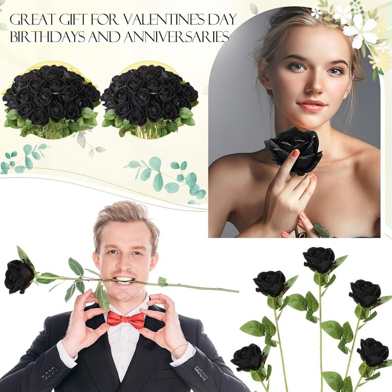 Artificial Black Roses Bulk Long Stem Silk Flowers Weddings Decor Centerpieces