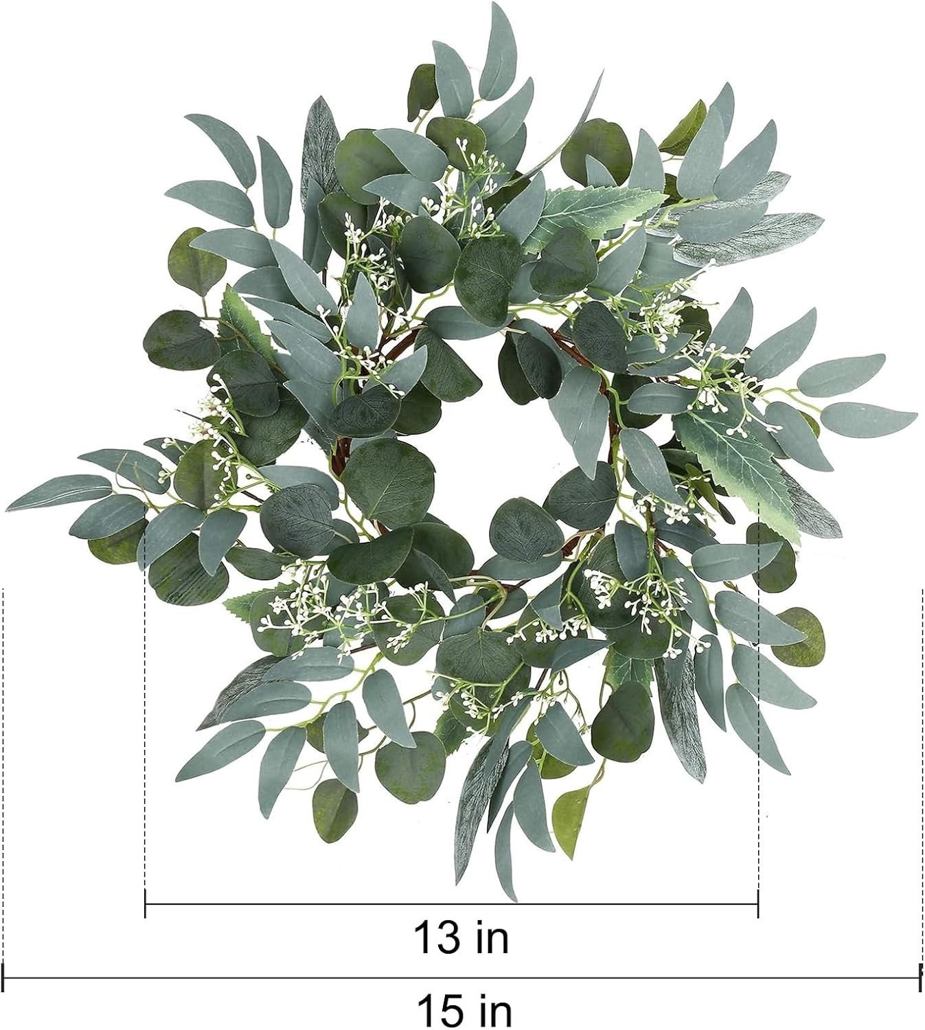 Artificial Green Eucalyptus Wreath 15 Inches Indoor Outdoor Front Door Decor