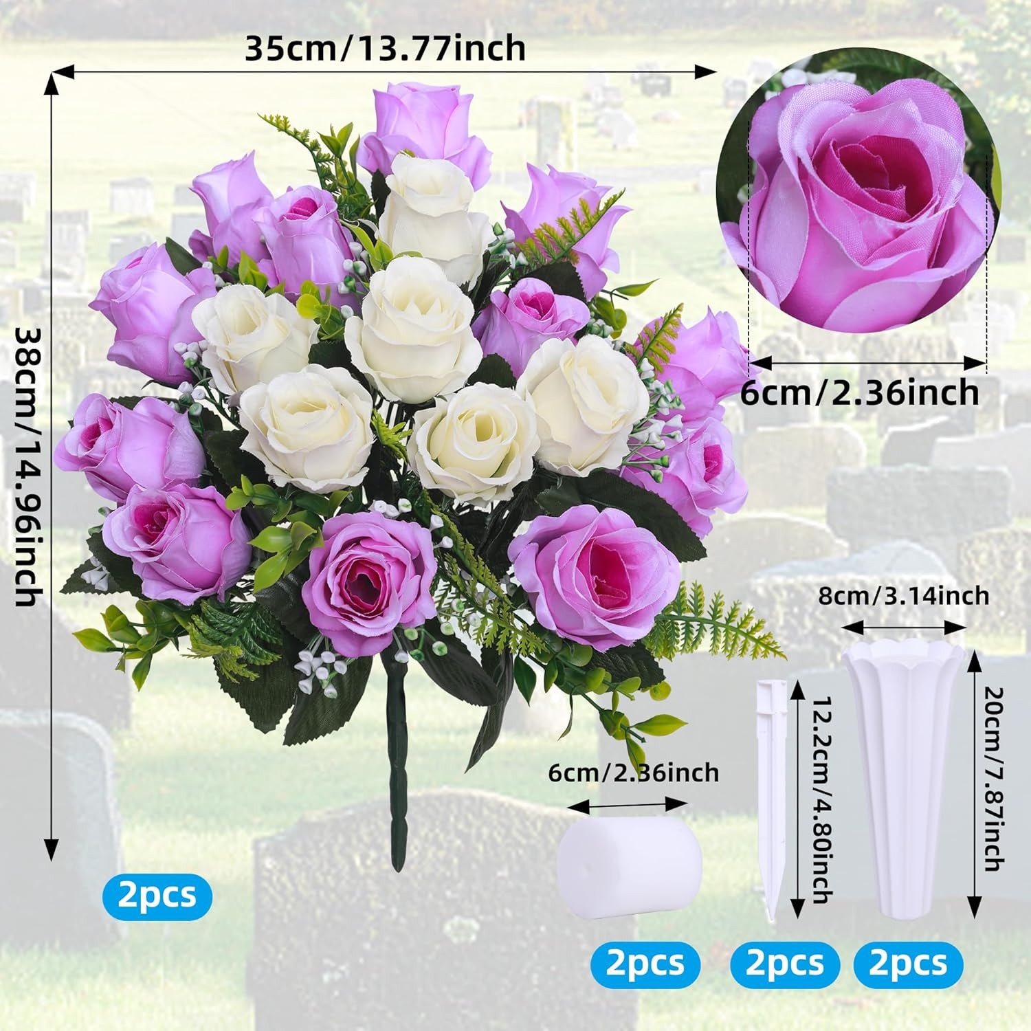 Set of 2 Artificial Cemetery Flowers with Vase,Grave Memorial Flowers,Artificial