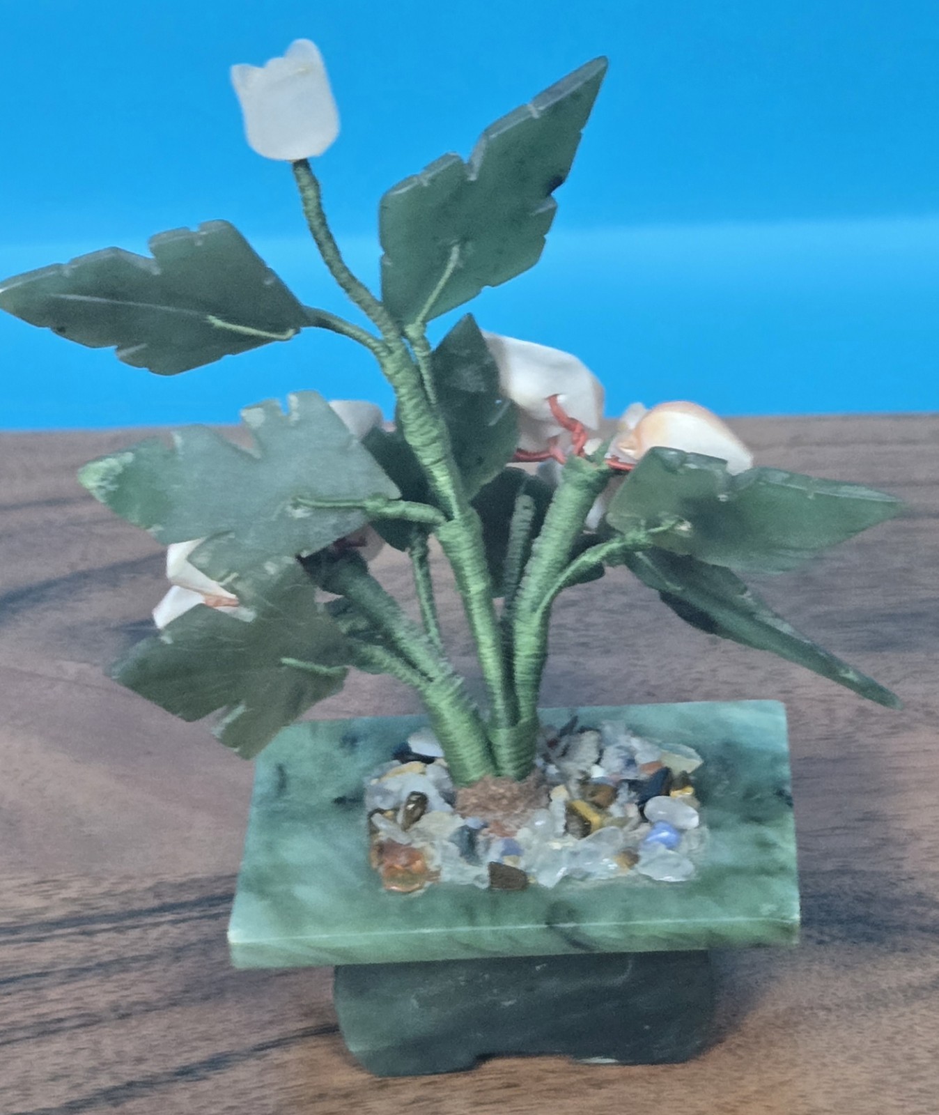 Vintage Jade & Shell Flower Arrangement – Handcrafted Bonsai-Style Floral Sculpt
