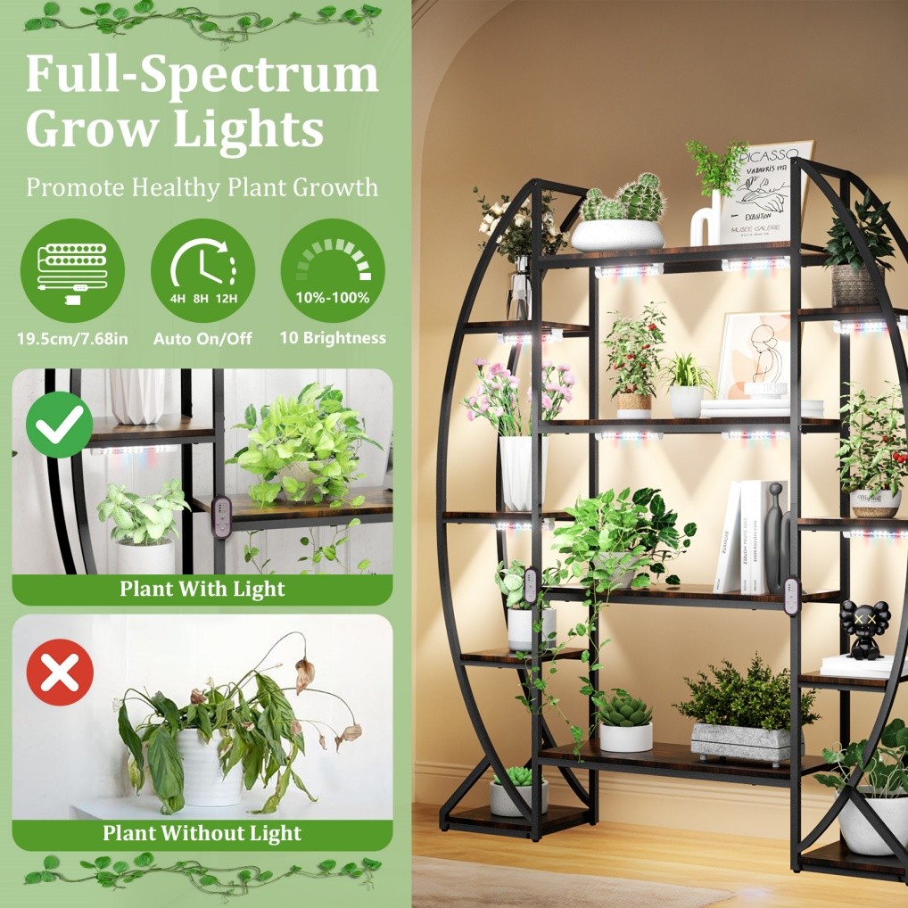 Heavy Duty Plant Stand with Grow Lightstall LED Half-moon Storage Display Shelf