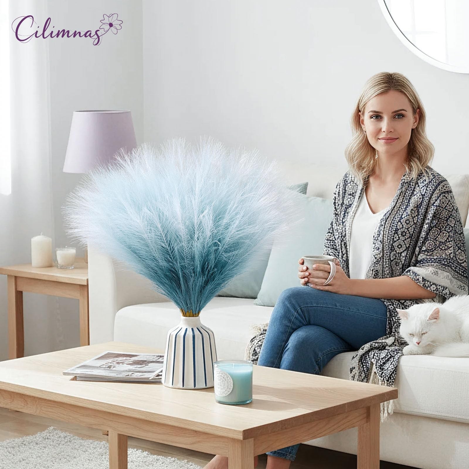 50 PCS 17.7 Inch Artificial Fluffy Faux Pampas Grass Gradient Blue Decor