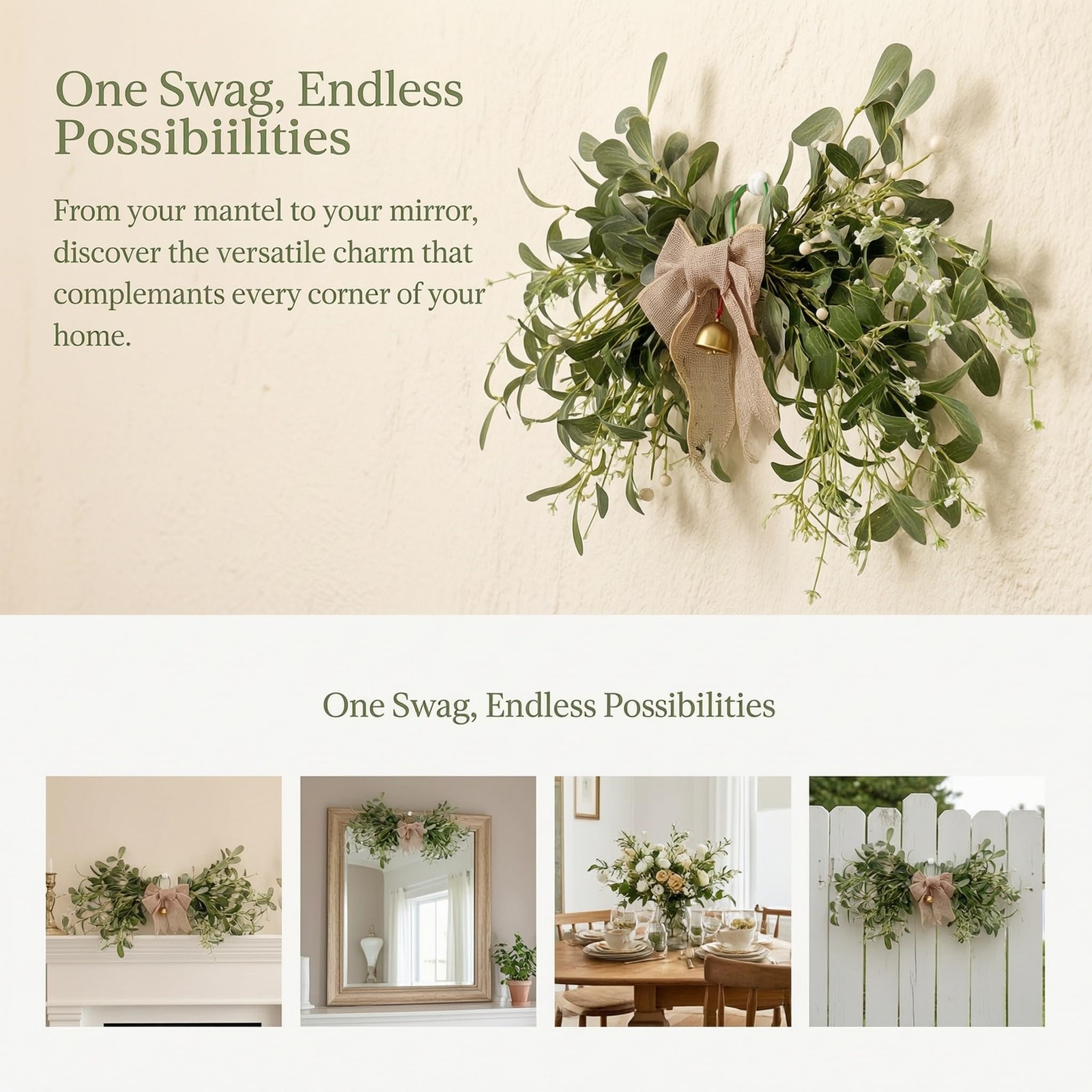 Artificial Mistletoe Swag with White Berries, Burlap Bow and Golden Bell, Rus…