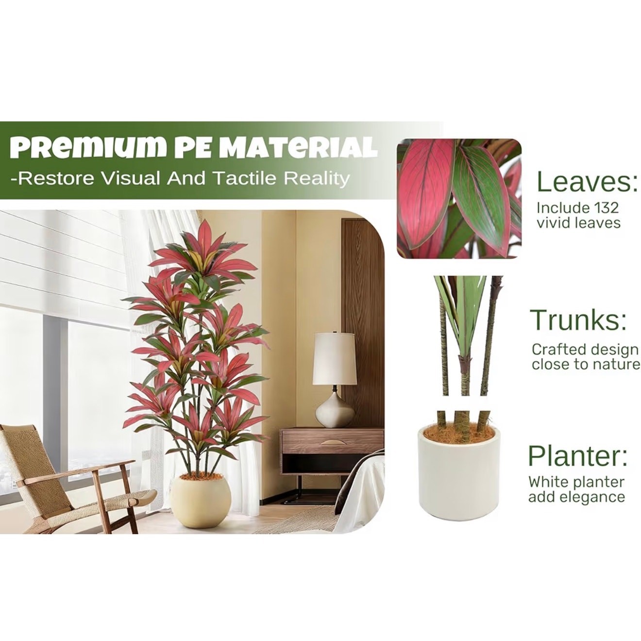 6FT Artificial Dracaena Tree 132 Leaves White Planter Faux Indoor Tropical Decor