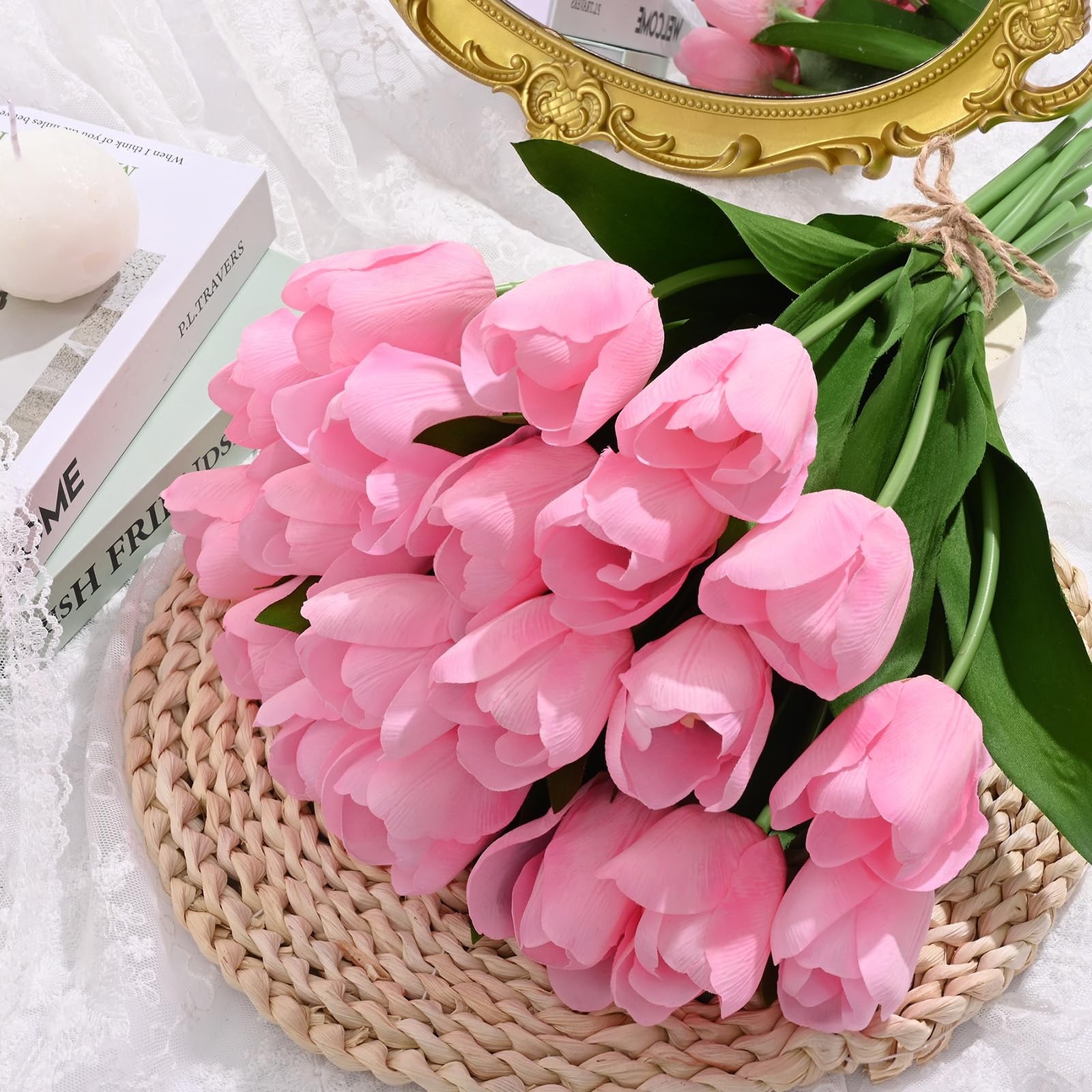 12 PCS Pink Tulips Artificial Flowers Real Touch Faux Bouquet Floral 14 Inch
