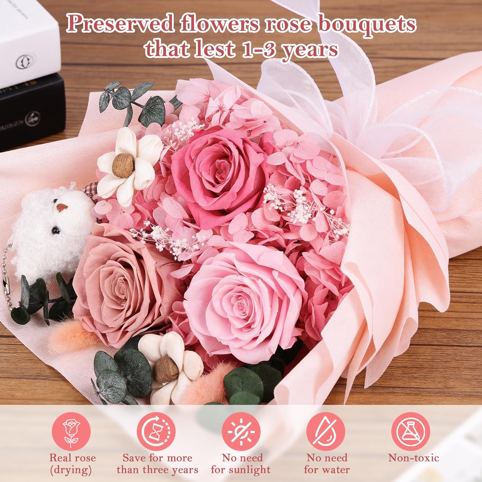 Preserved Flowers Bouquet Bear Forever Eternal Roses Gift Box Birthday Women