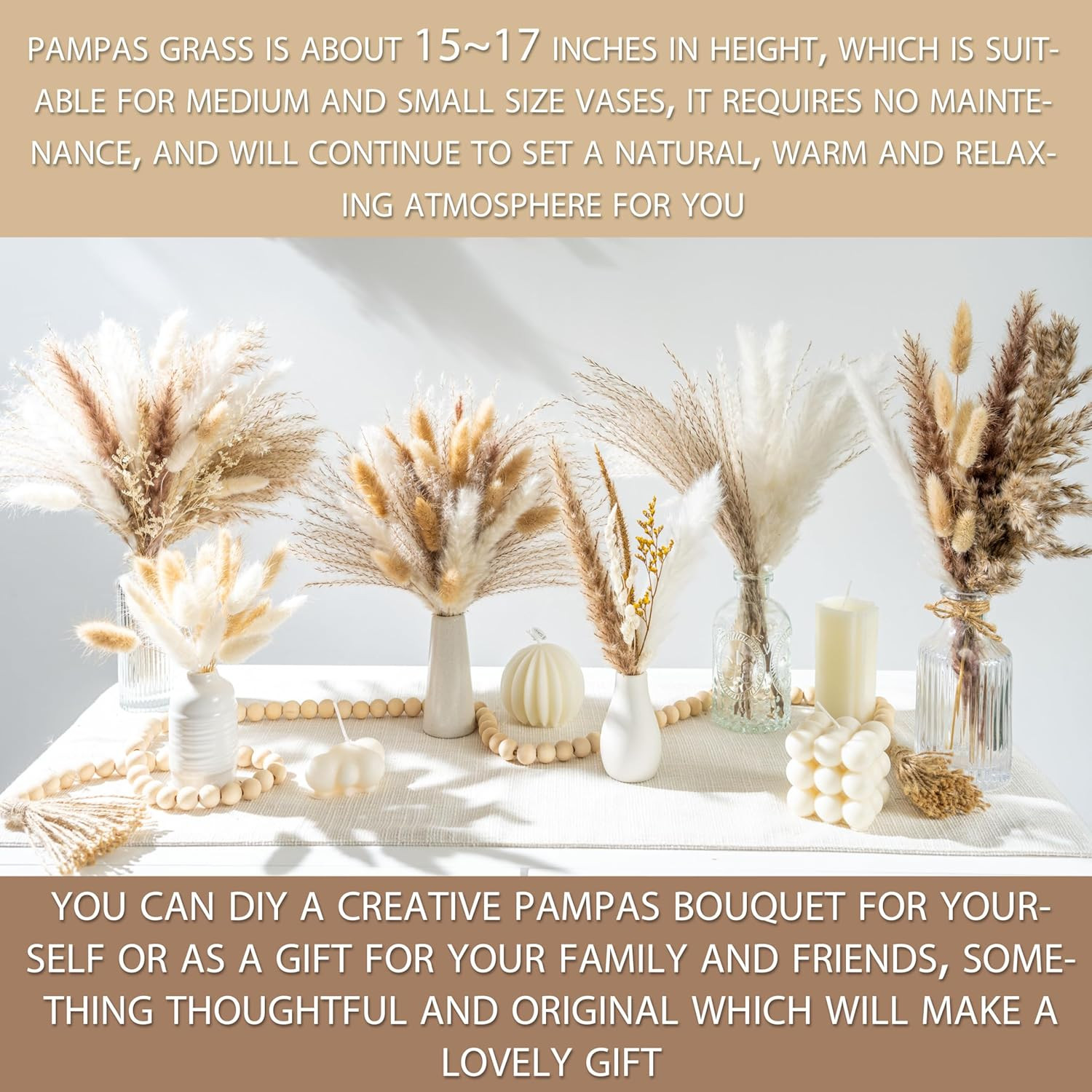 150pcs Pampas Grass + 1 White Ceramic vase + 1 Wood Bead Garland , Boho Home Dec