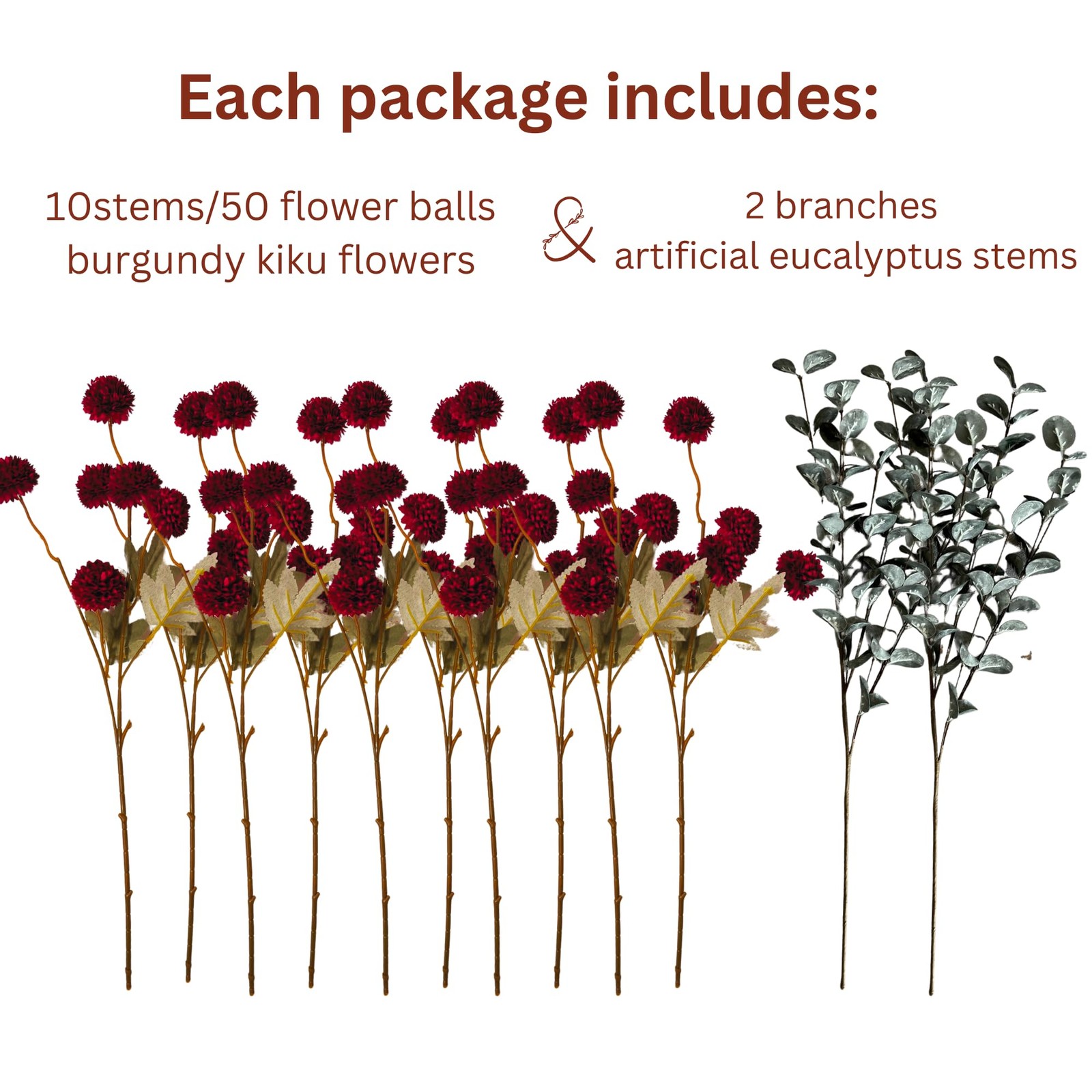 RyddeligHome Faux Red Flowers Artificial 10 Long Stems + Eucalyptus, Burgundy…