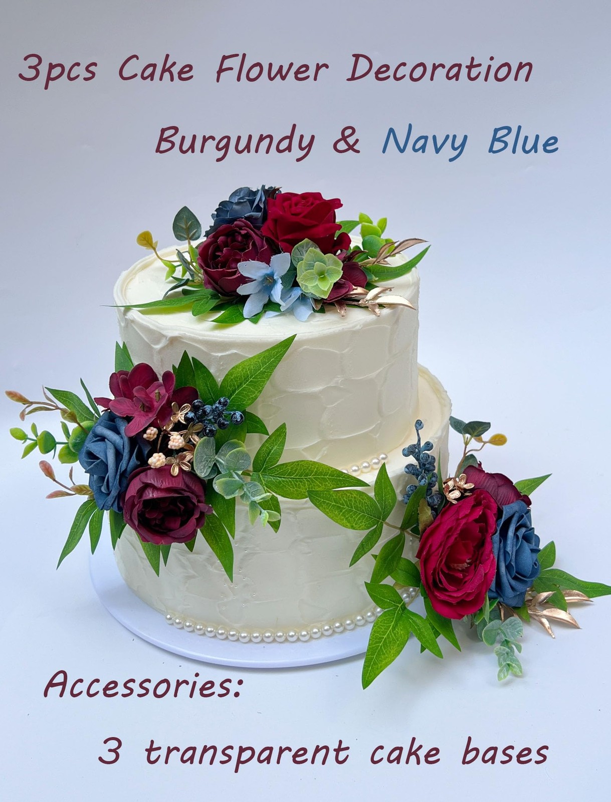 3 Pcs Wedding Cake Topper Set Artificial Flowers Decor Burgundy Navy Blue