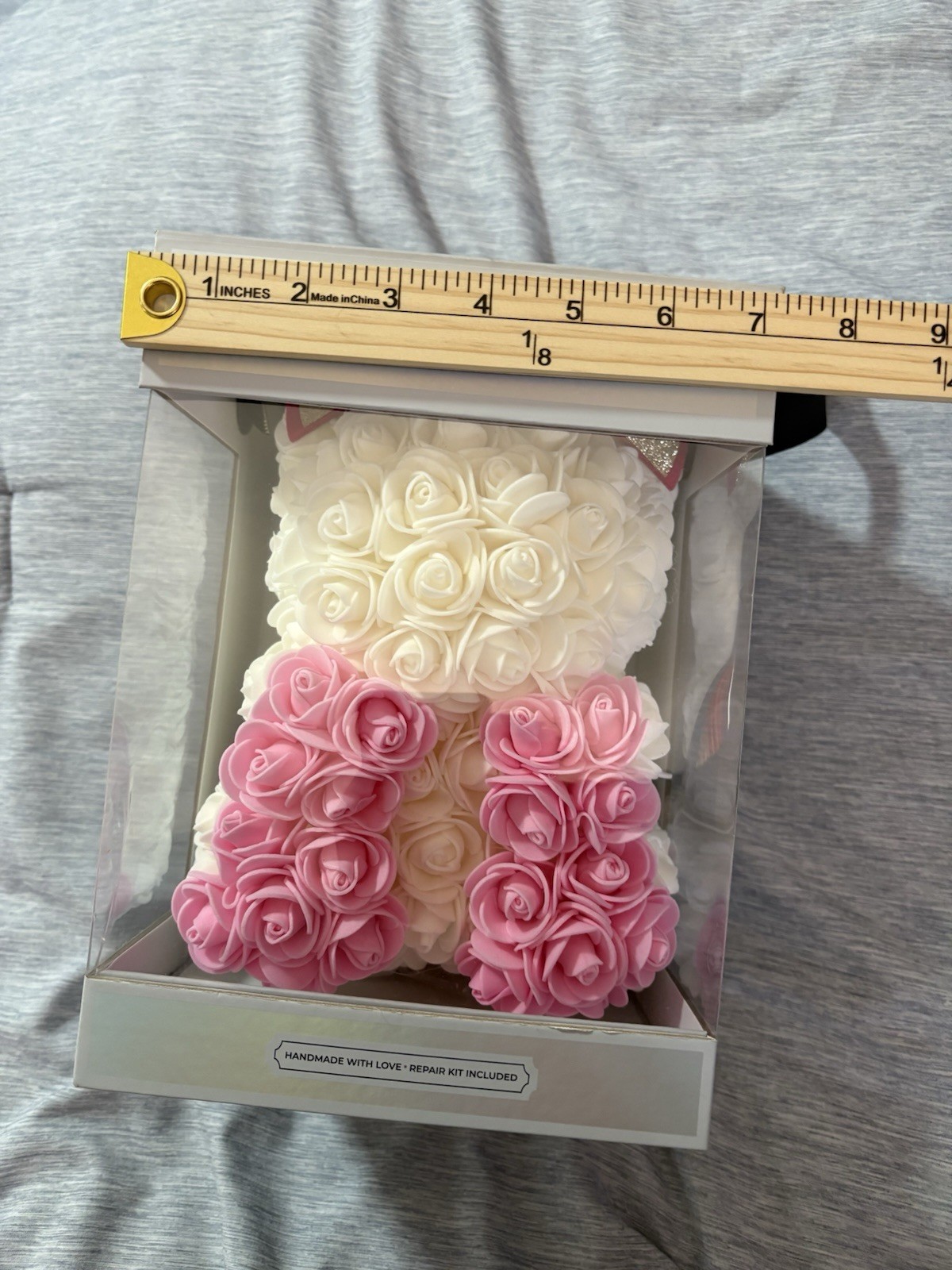 Artificial Foam Rose Bear Unicorn Figurine, White Pink Silver Multicolor , 9 in