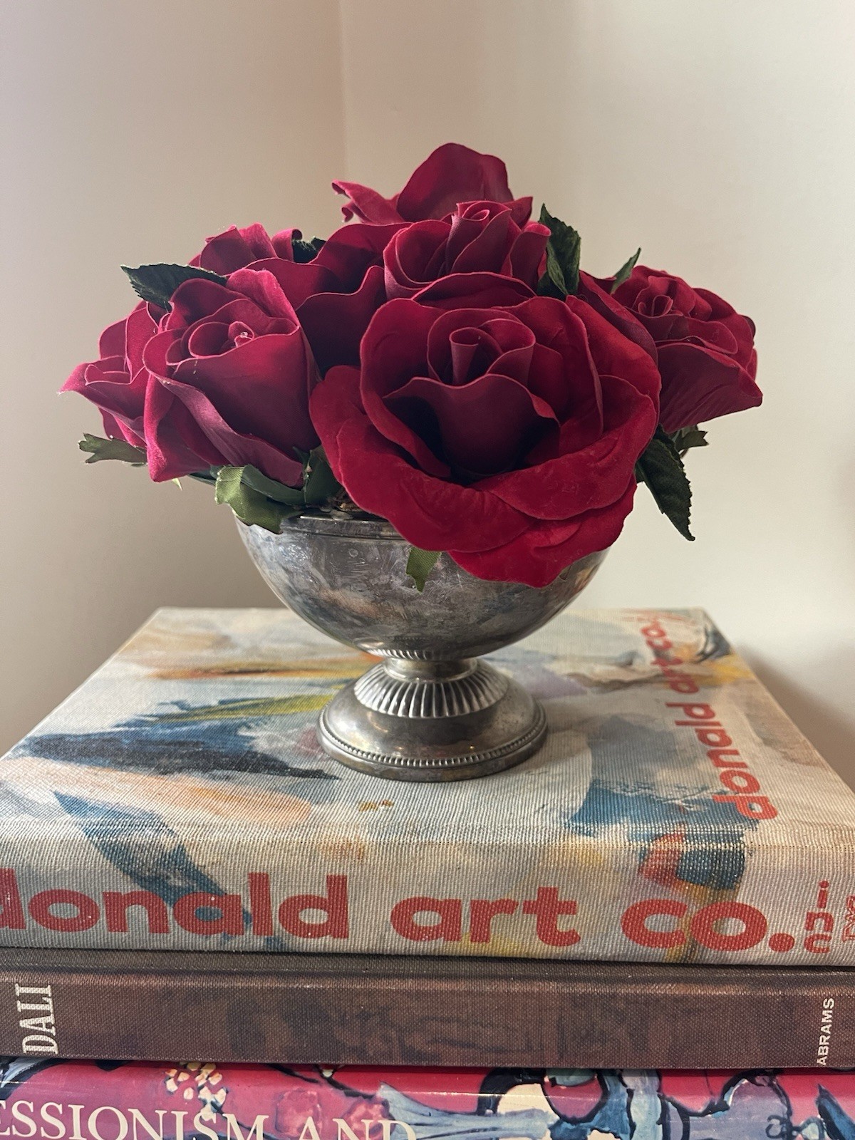 Faux Red Rose Small Arrangement In Aged Silver Pedestal Urn
