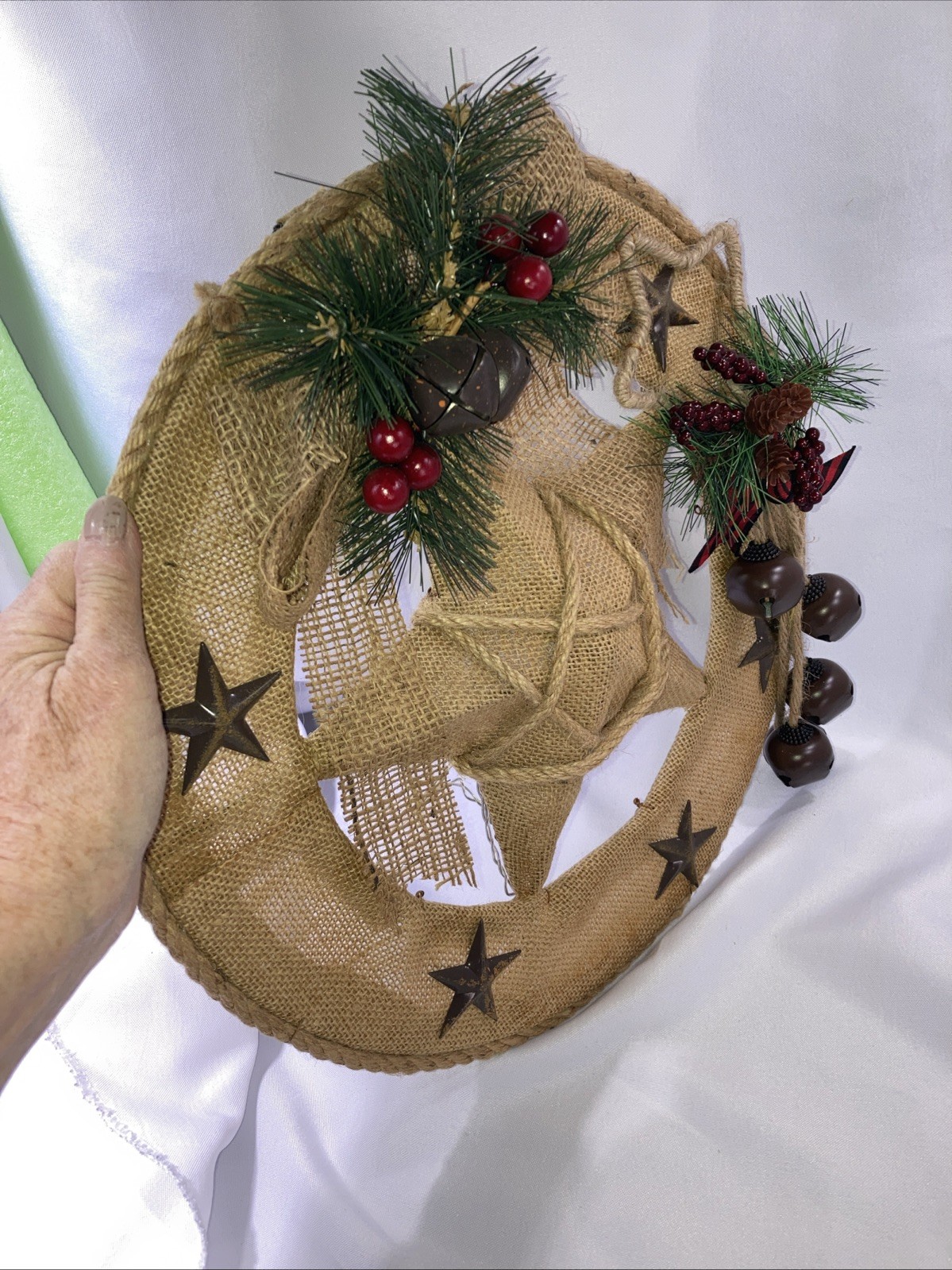 Christmas Country Wreath Burlap Lighted Handmade in USA 15” Star