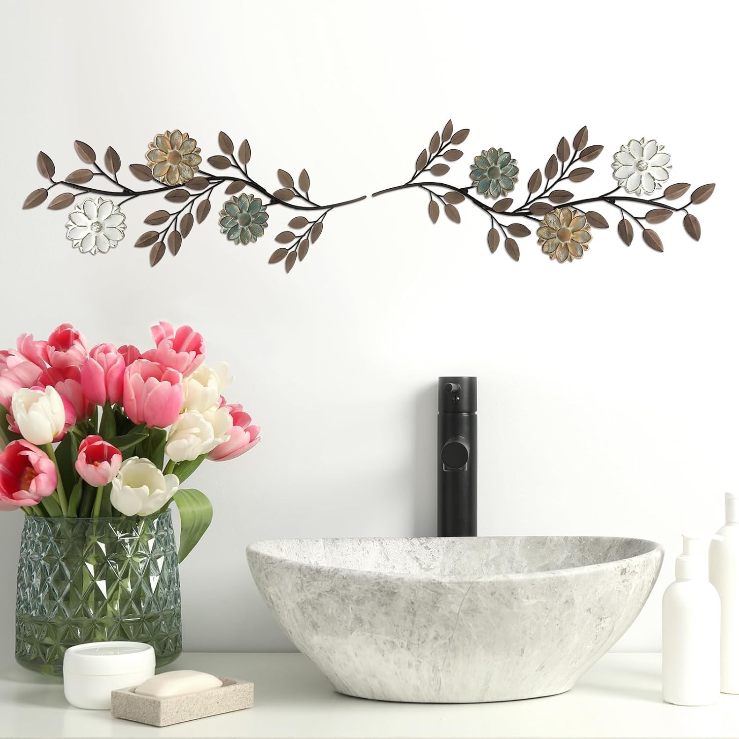 MorningRo 2 Pcs Metal Flower Wall Art 15.75 Inch Brown