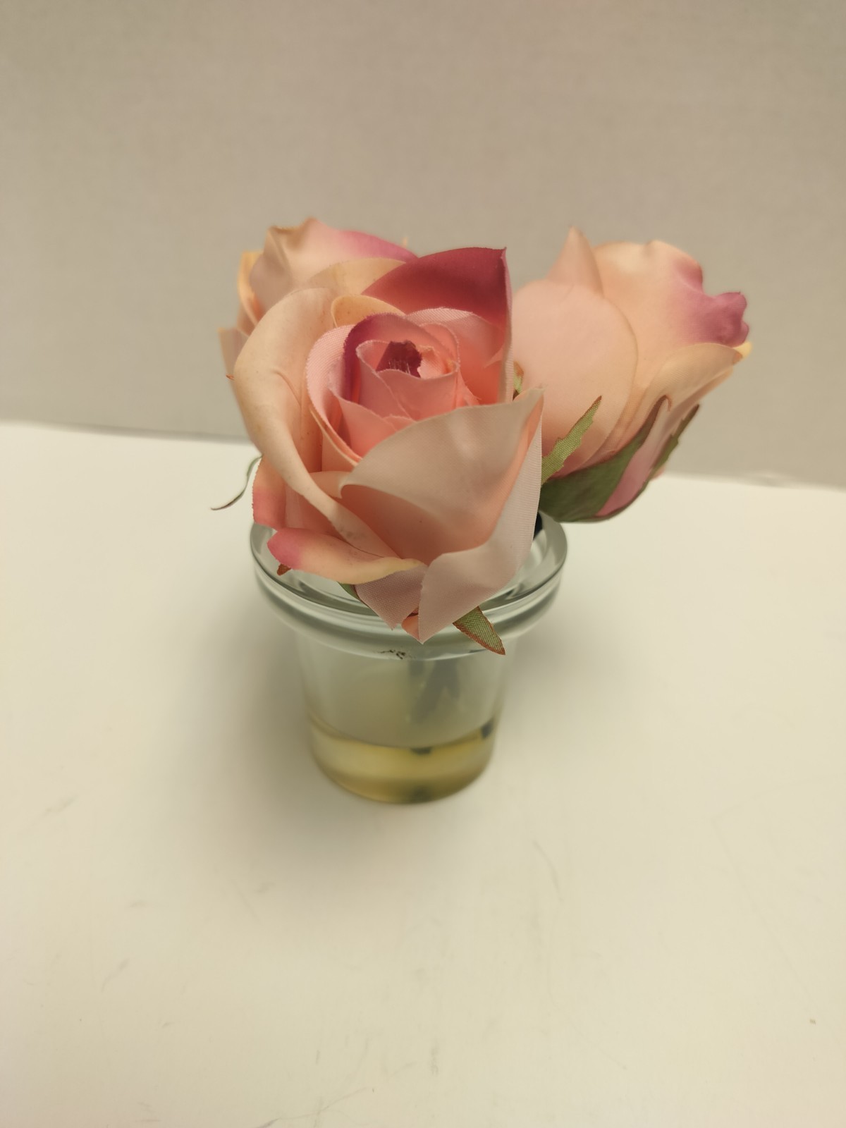 Vintage Artificial Pink Rose Flower in Clear Vase with Faux Water Decoration