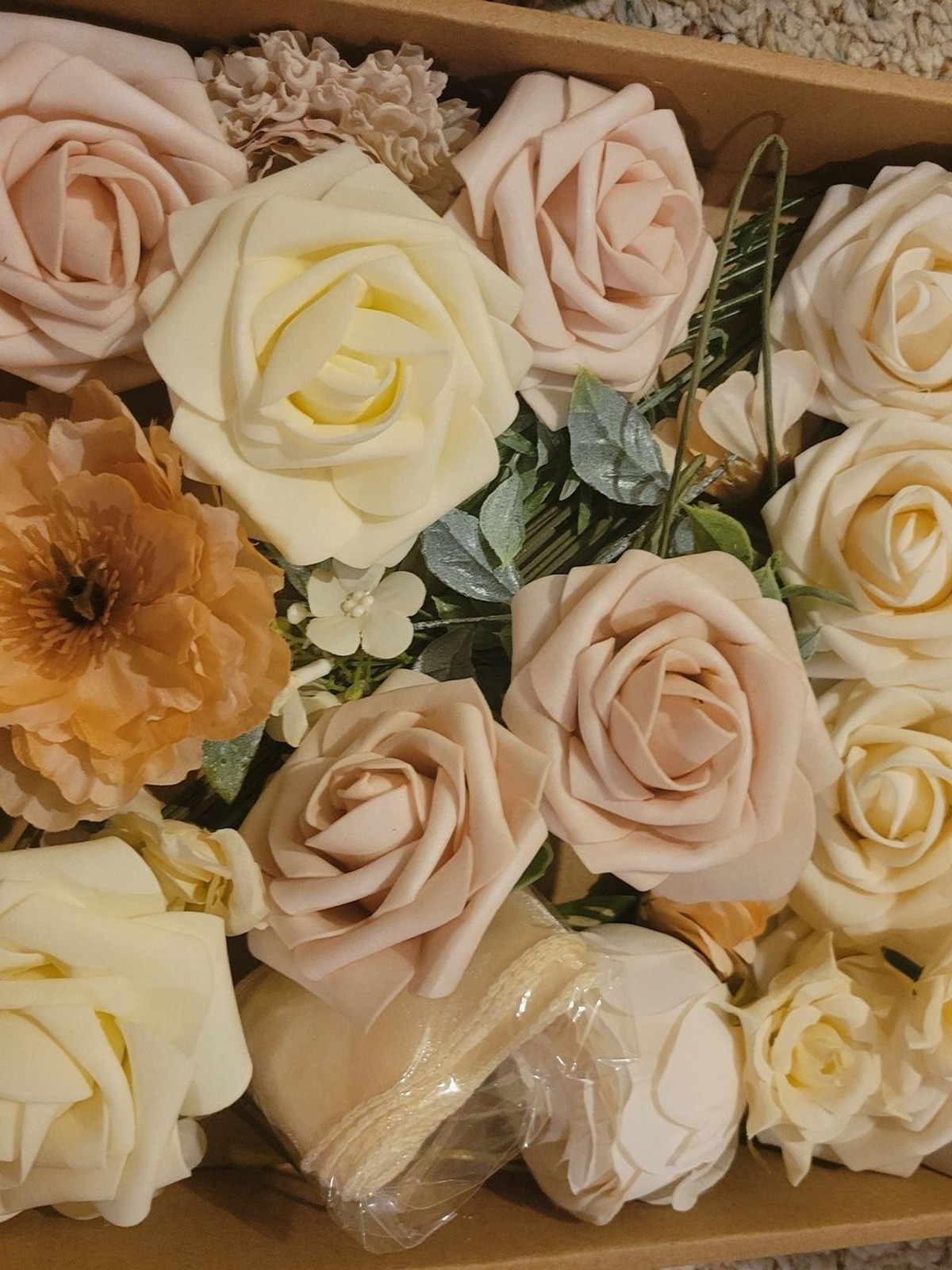 Boxed Faux Floral Arrangement in Cream & Blush with Warm Peach Accent