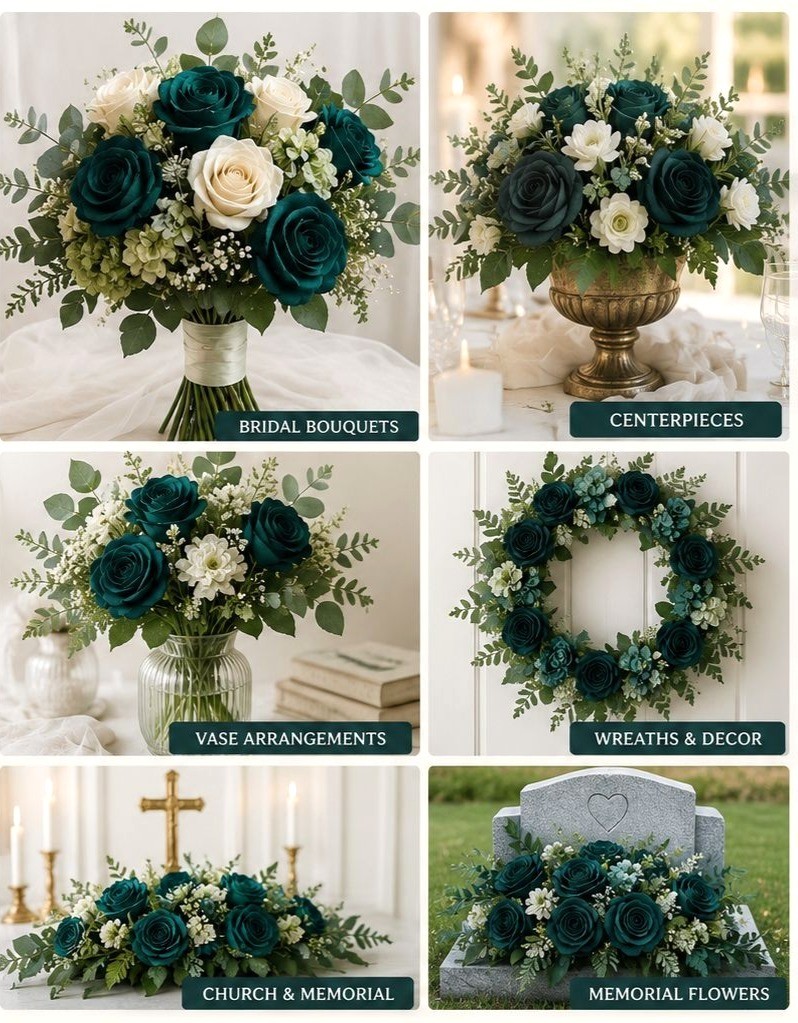 Set of 6 Dark Teal Green Artificial Rose Stems Peacock Teal Faux Roses Boho Wedd