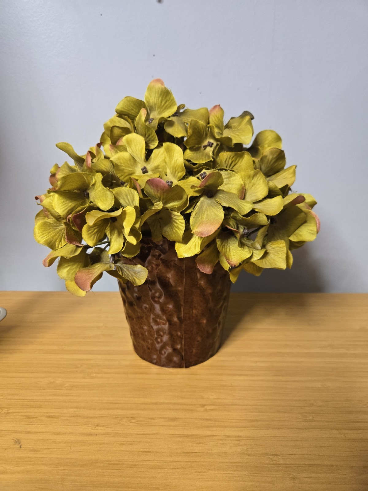 House Of Silk Artificial Hydrangea In A Hammered Metal Vase