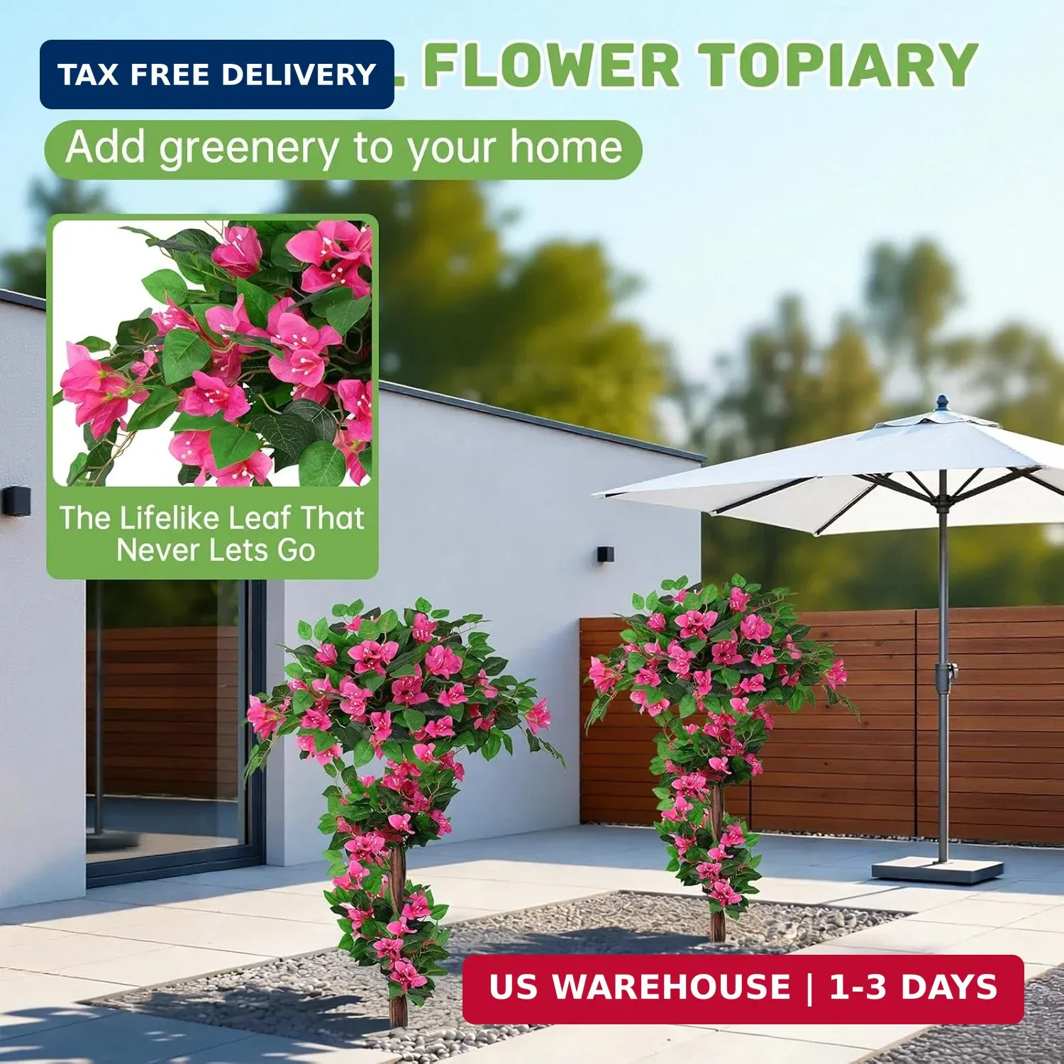 2Pack 4FT Artificial Bougainvillea Topiary Trees for Outdoor, Fake Silk Flowers