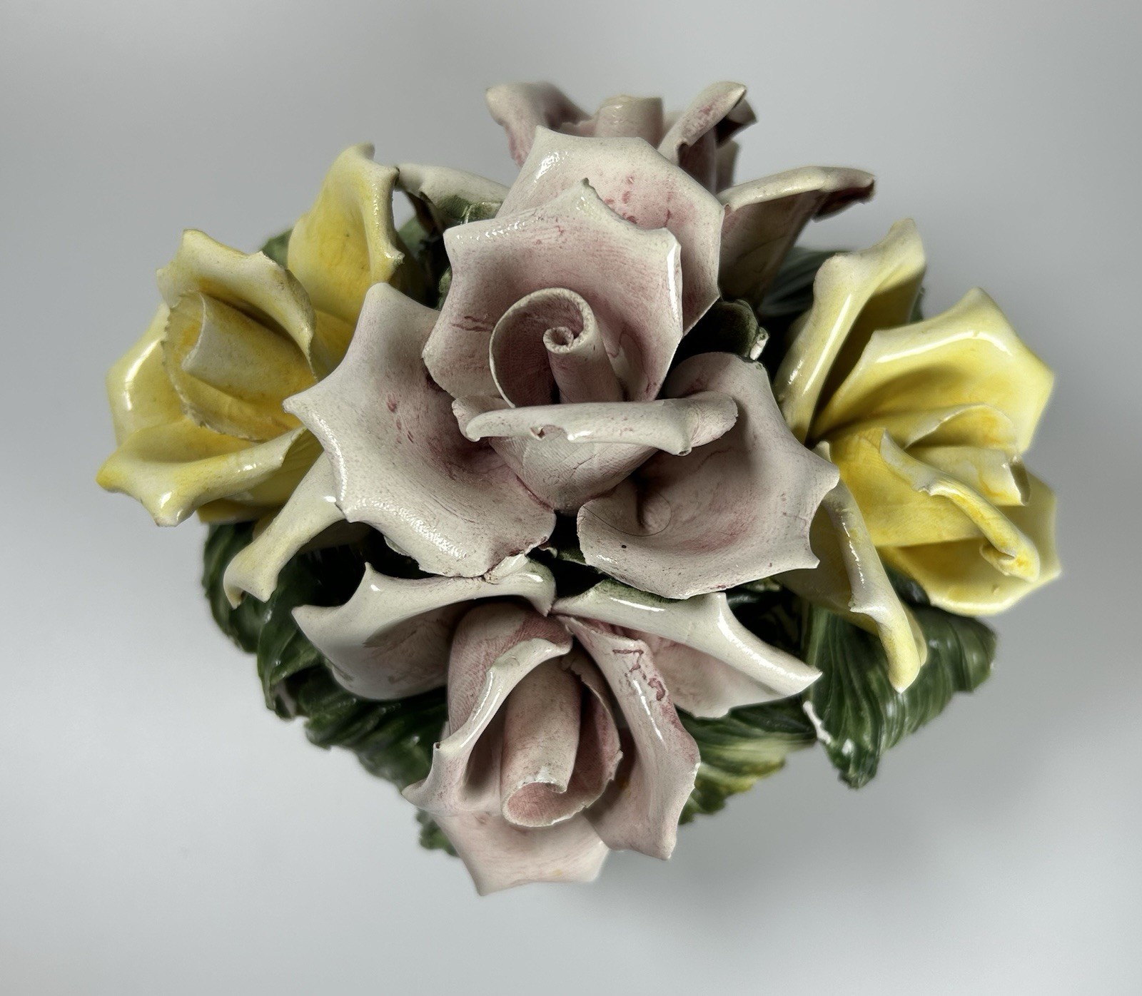 Porcelain Flower Centerpiece Capodimonte Italy Pink Yellow Roses 6.5” Long
