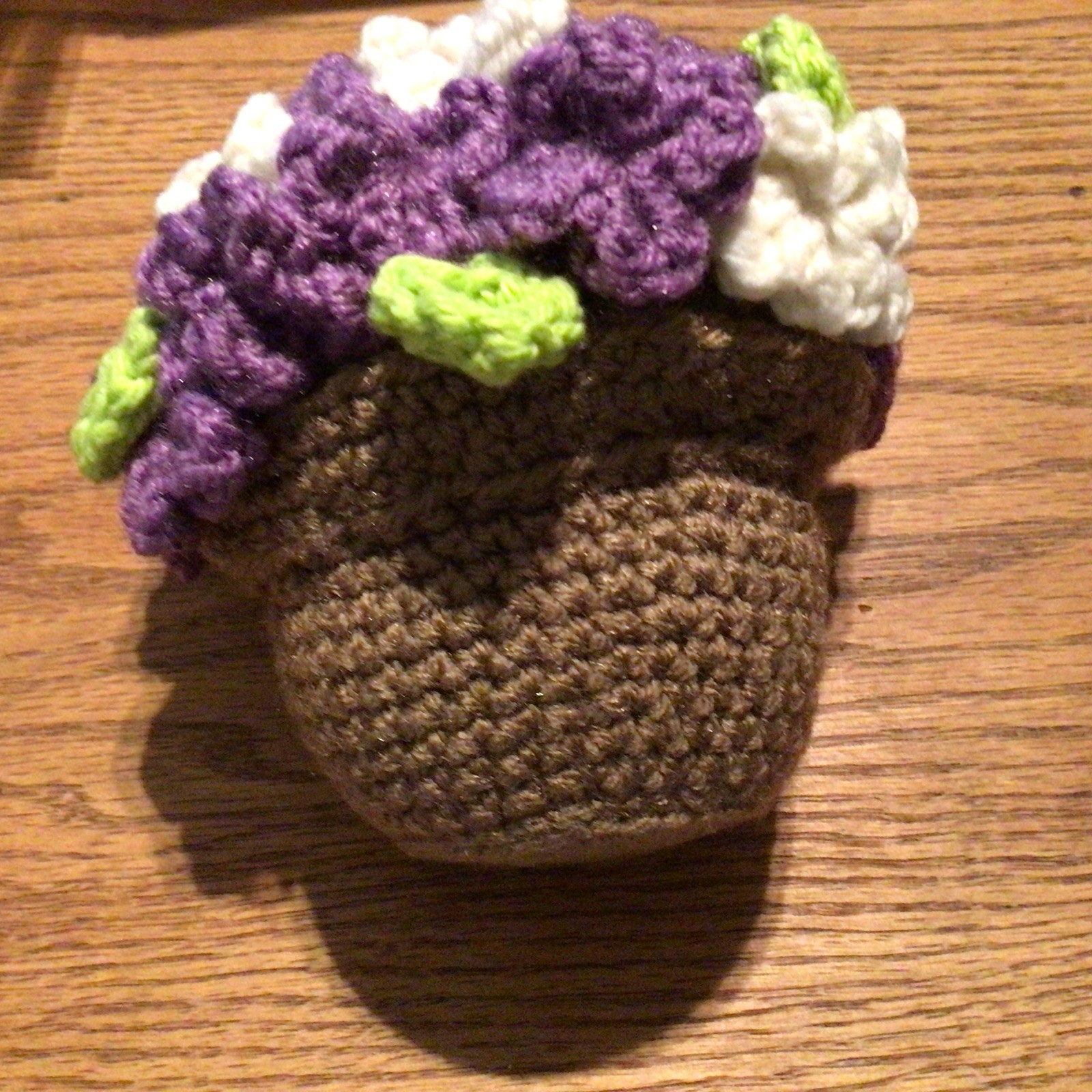 Crochet Bouquet in Yarn Vase, Handmade Floral, Purple, white, green, brown