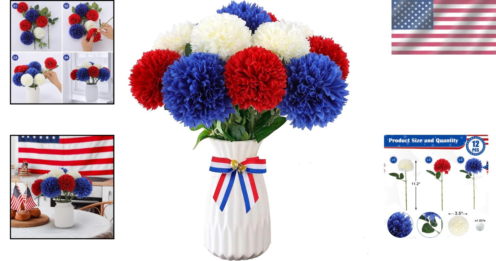 Realistic Silk Chrysanthemums – 12 Count Red, White & Blue – Indoors/Outdoors