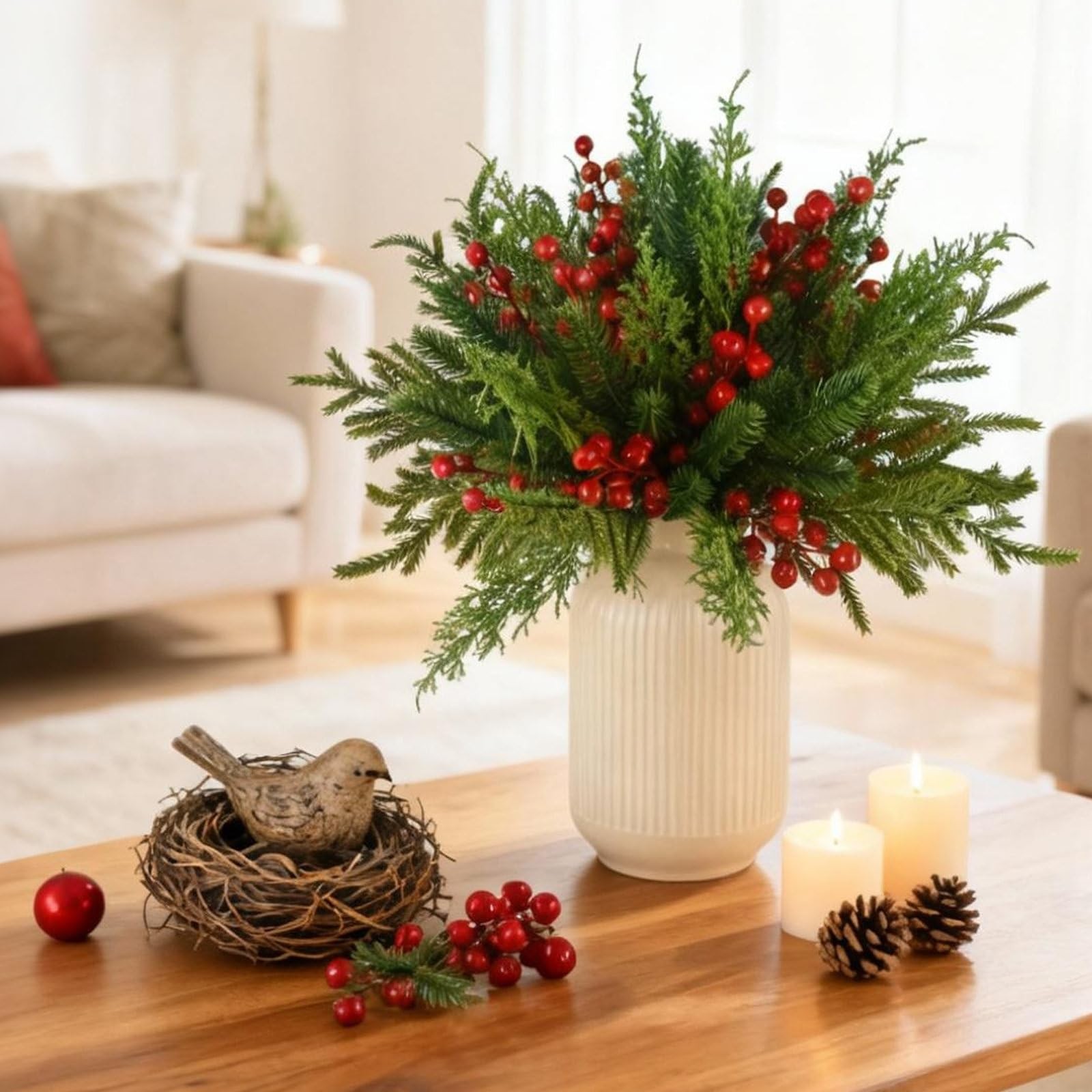 60 Pcs Christmas Greenery Stems for Vases Artificial Pine Branches for Decora…