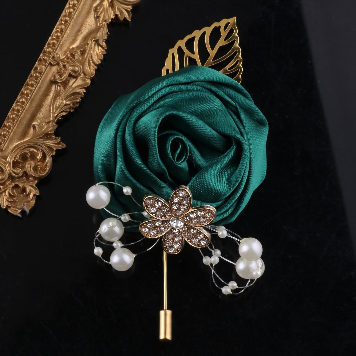 5pcs Emerald Green Boutonniere, Gold Leaf, Faux Silk Rose, Corsage, Wedding