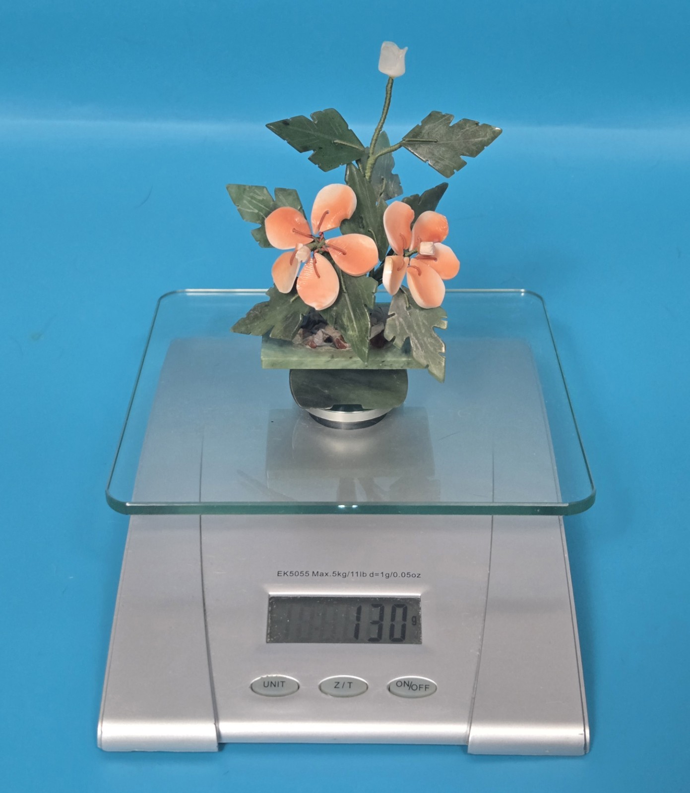 Vintage Jade & Shell Flower Arrangement – Handcrafted Bonsai-Style Floral Sculpt
