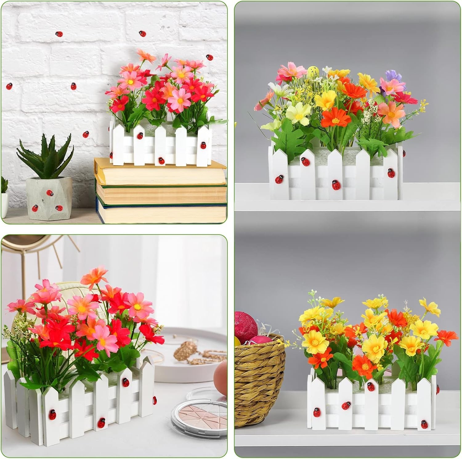 Jexine Artificial Flower Plants Potted in Picket Fence (6.3 Inch, 24 Pcs)