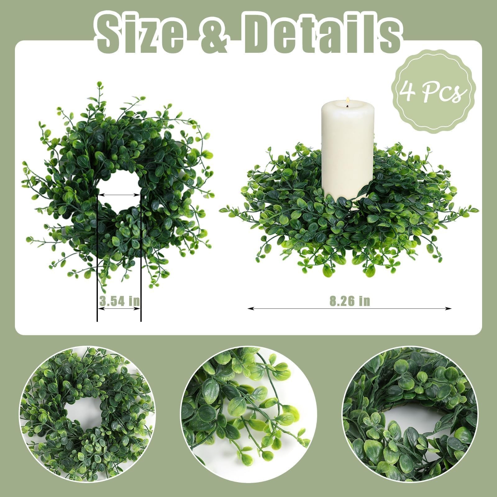 4 PCS 3 Inch Candle Rings Wreaths Pillars Mini Green Boxwood Wedding Decor
